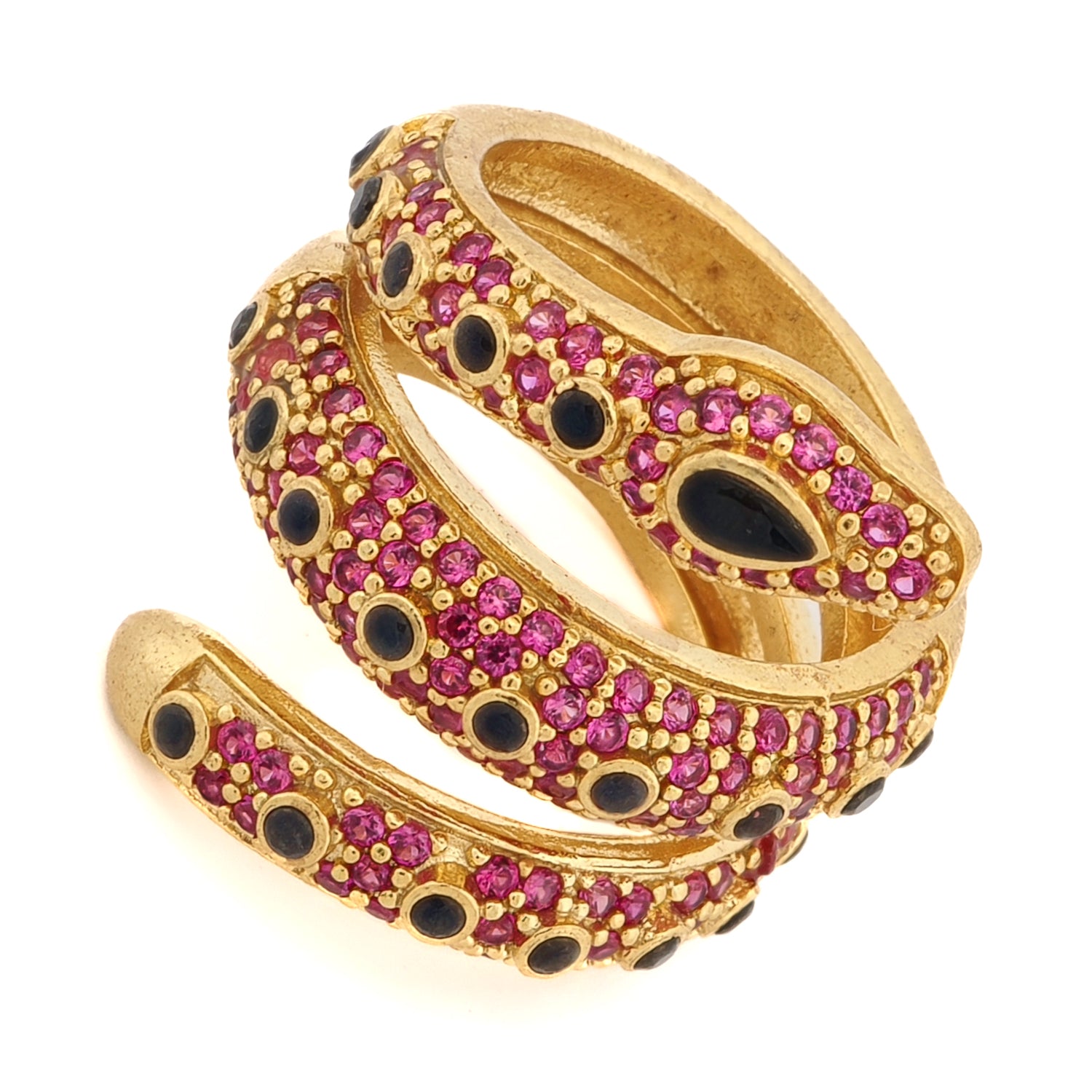 Triple Wrap 18K Gold Mystic Serpent Ring with Ruby and Black Onyx Stones for Protection and Fashion