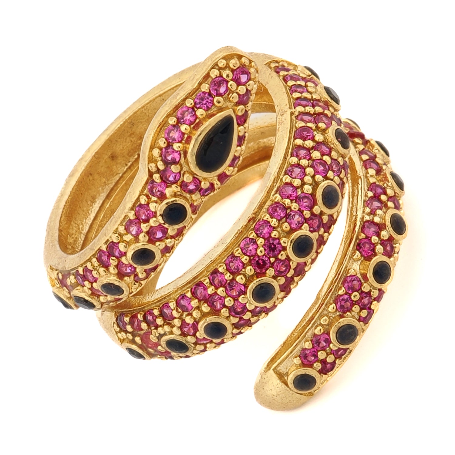 Sleek 18K Gold Mystic Serpent Ring with Ruby and Black Onyx Stones for Spiritual Elegance and Meaning