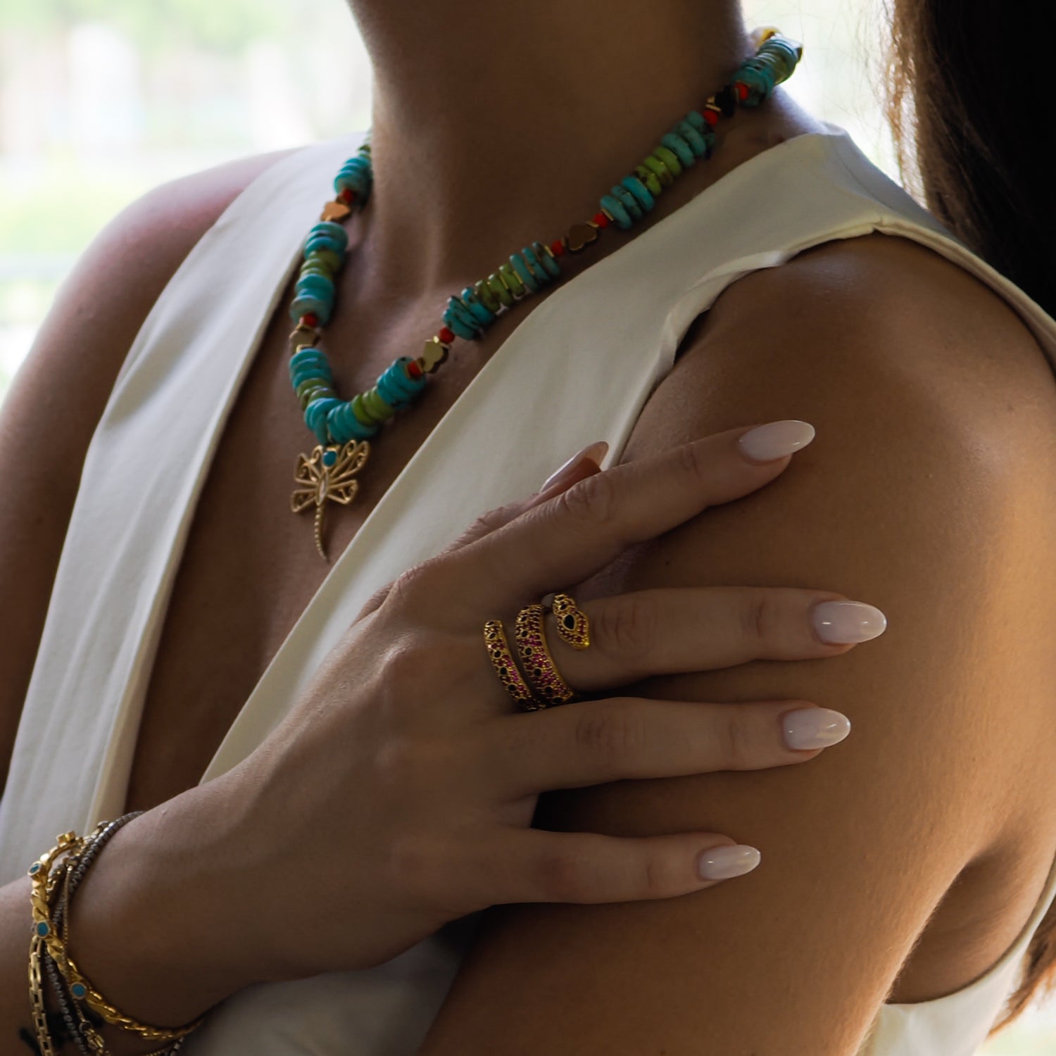 Gold-Plated Mystic Serpent Ring with Ruby and Black Onyx Stones, Symbolizing Transformation and Wisdom