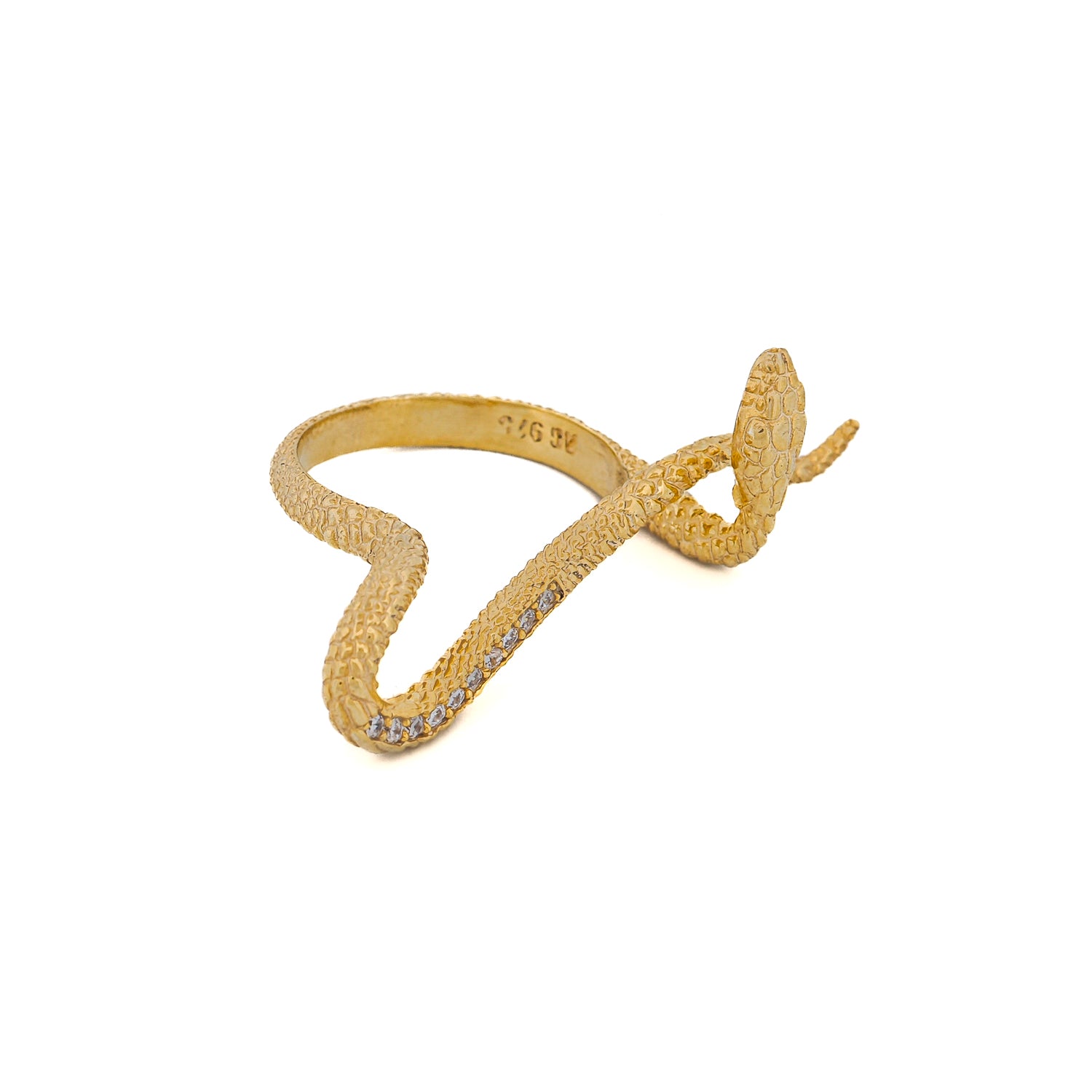 Elegant 18k gold-plated sterling silver ring with a detailed snake motif, adorned with sparkling Cz diamonds, symbolizing transformation and wisdom.