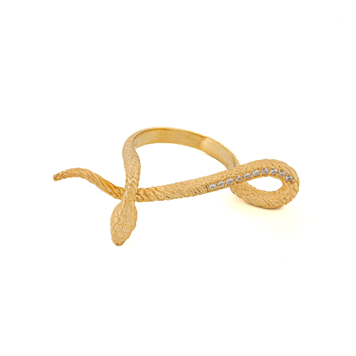 Gold vermeil ring featuring a graceful snake design with Cz diamonds, wrapping around the finger to symbolize eternal beauty and transformation.