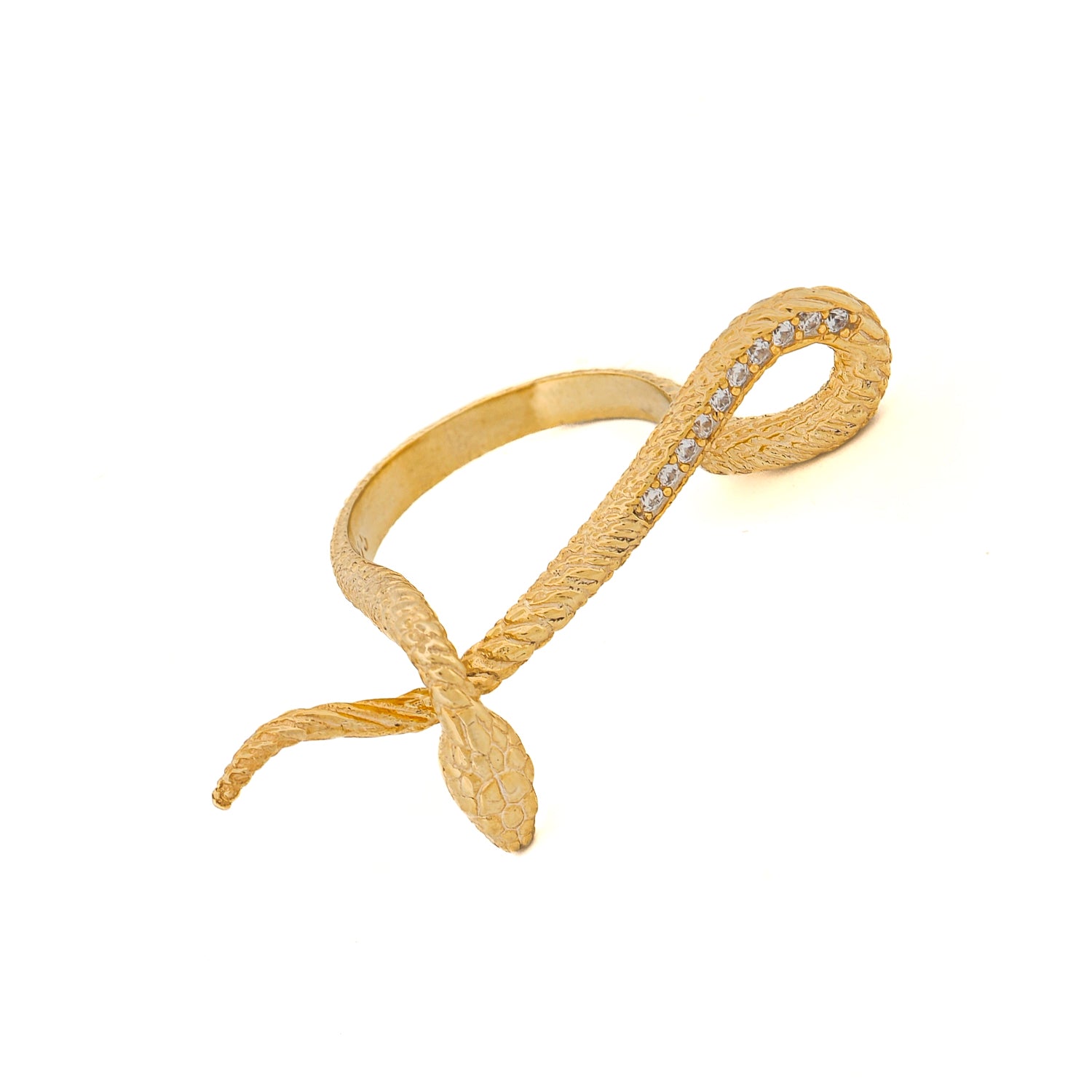 Intricate snake ring in gold vermeil with sparkling Cz diamonds, combining ancient symbolism with modern elegance.