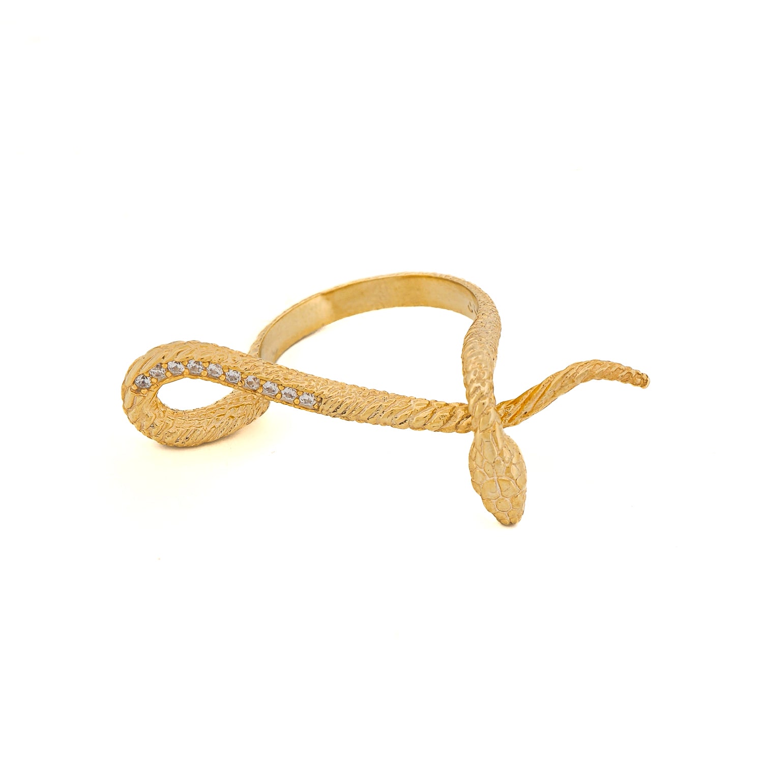 Elegant 18k gold-plated sterling silver ring featuring a snake design and Cz diamonds, perfect for those who appreciate luxurious and meaningful jewelry.