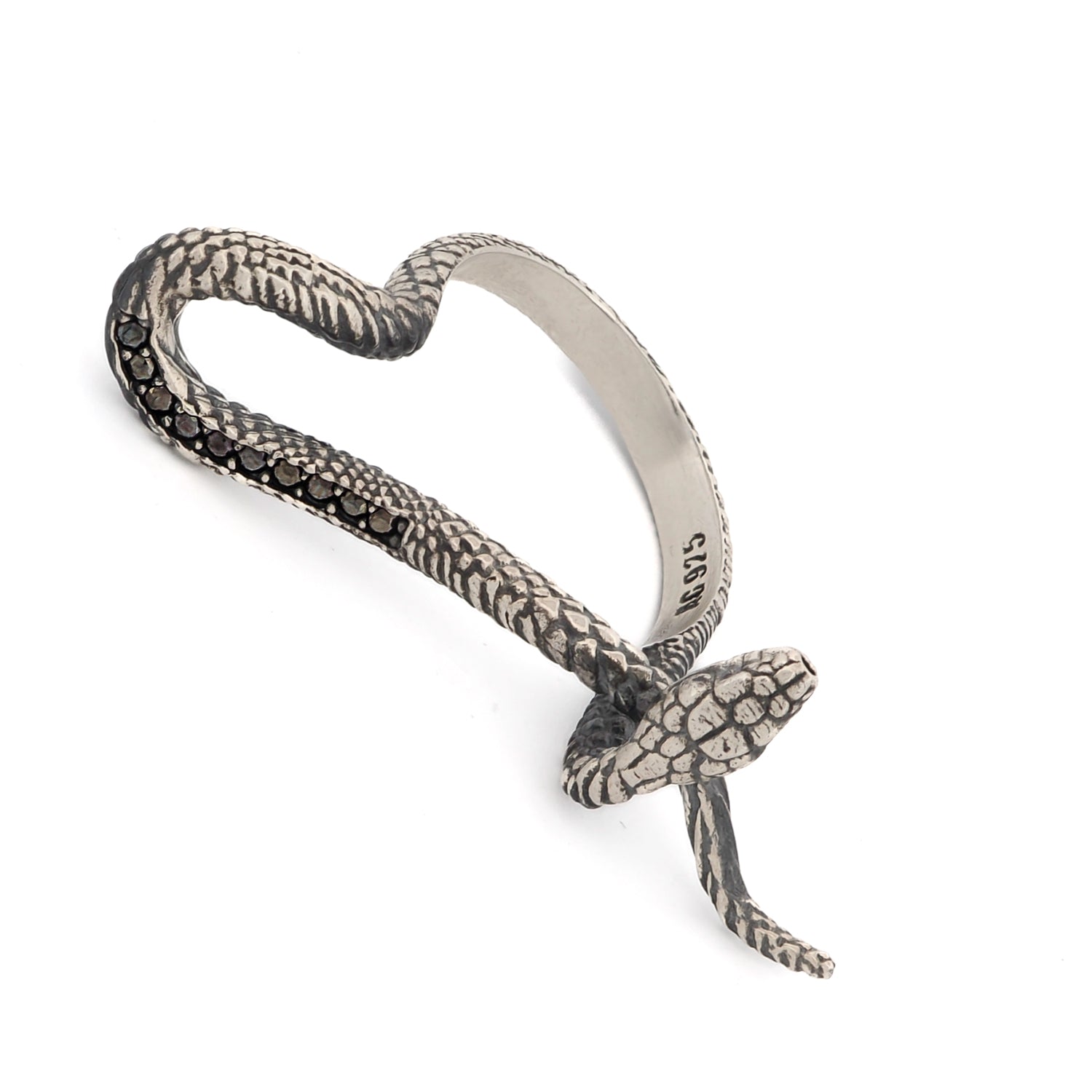 Intricate sterling silver ring with a snake motif and black Cz diamonds, symbolizing wisdom and transformation in a contemporary style.
