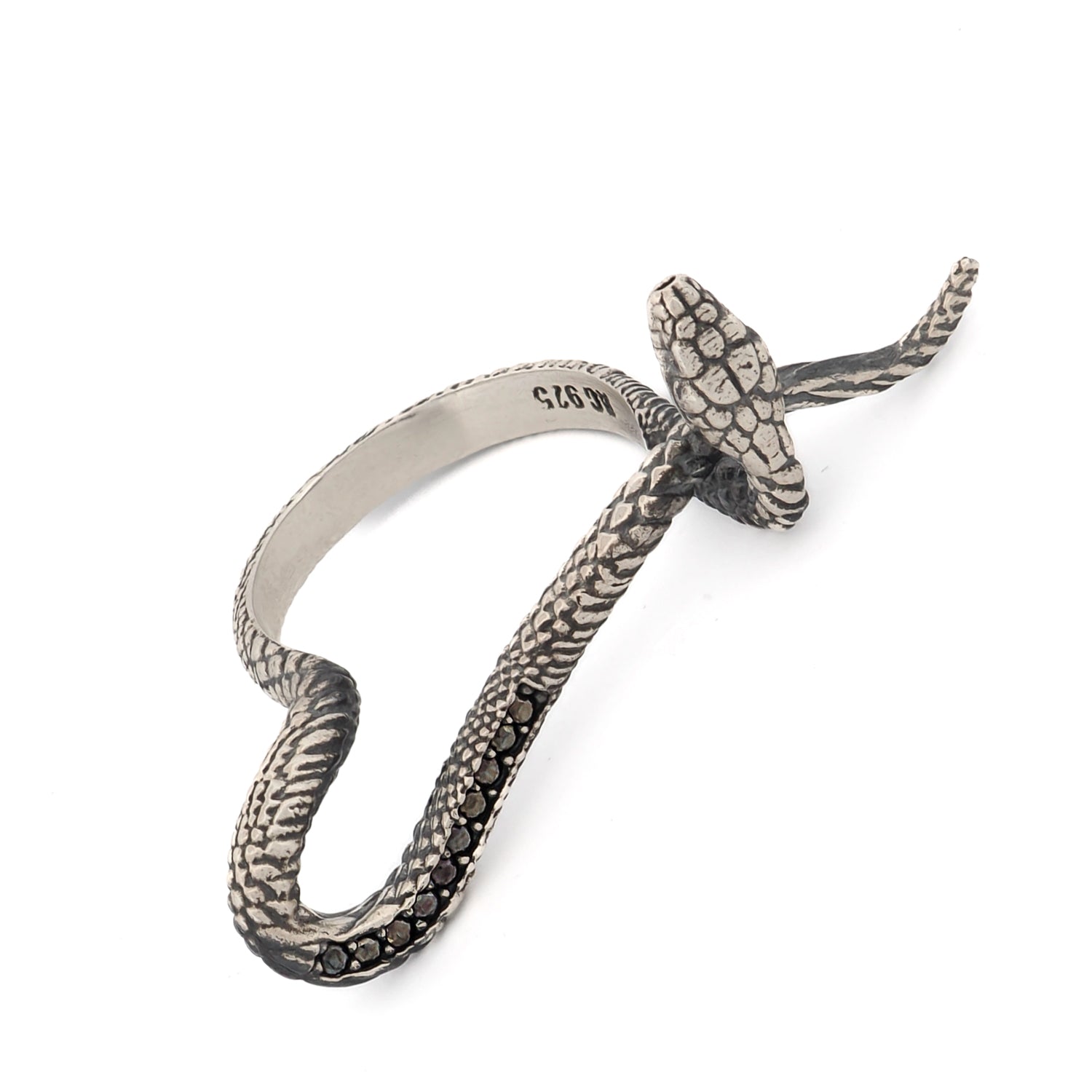 Modern sterling silver ring with a detailed snake design, adorned with black Cz diamonds for a blend of mystique and sophistication.