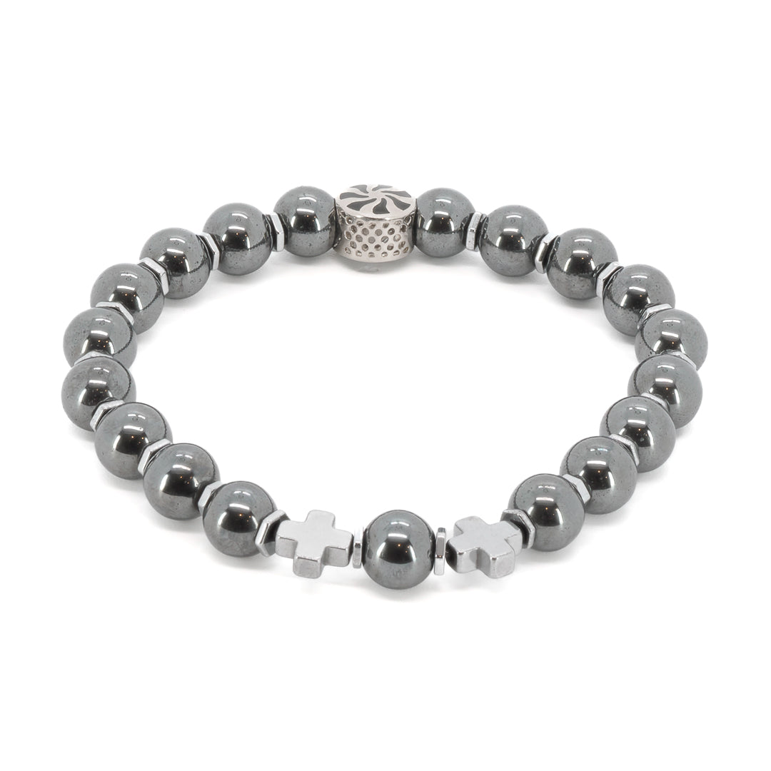 hematite stone bracelet with black enamel sterling silver bead
