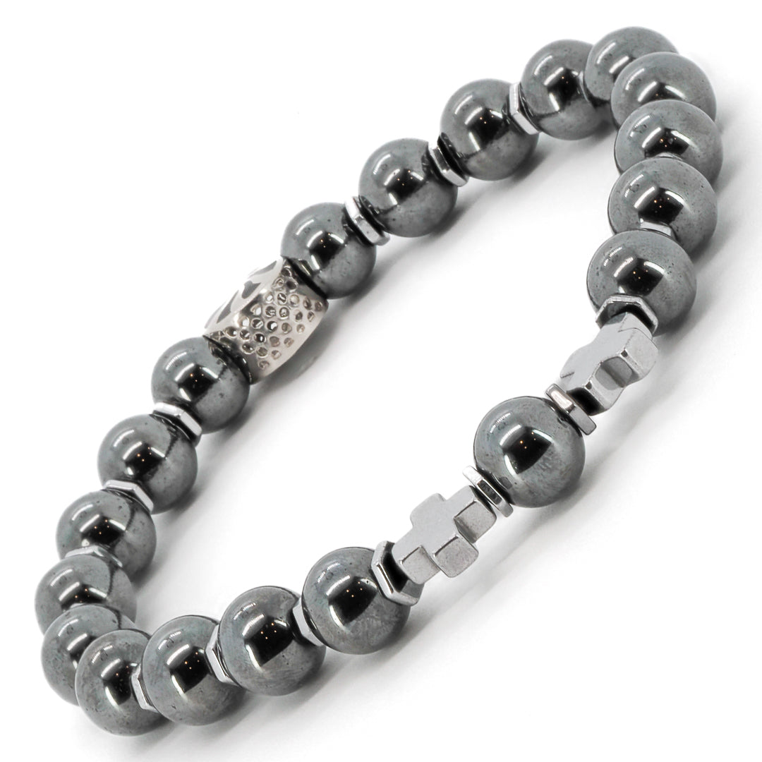 sterling silver accent bead on natural hematite stone bracelet