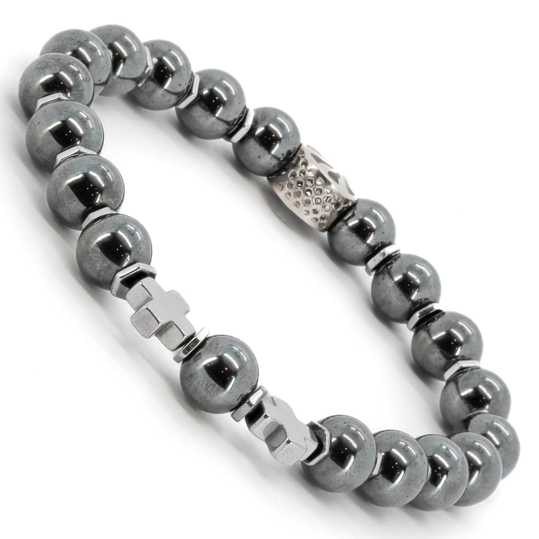 close up of hematite stone beads and silver accent on bracelet