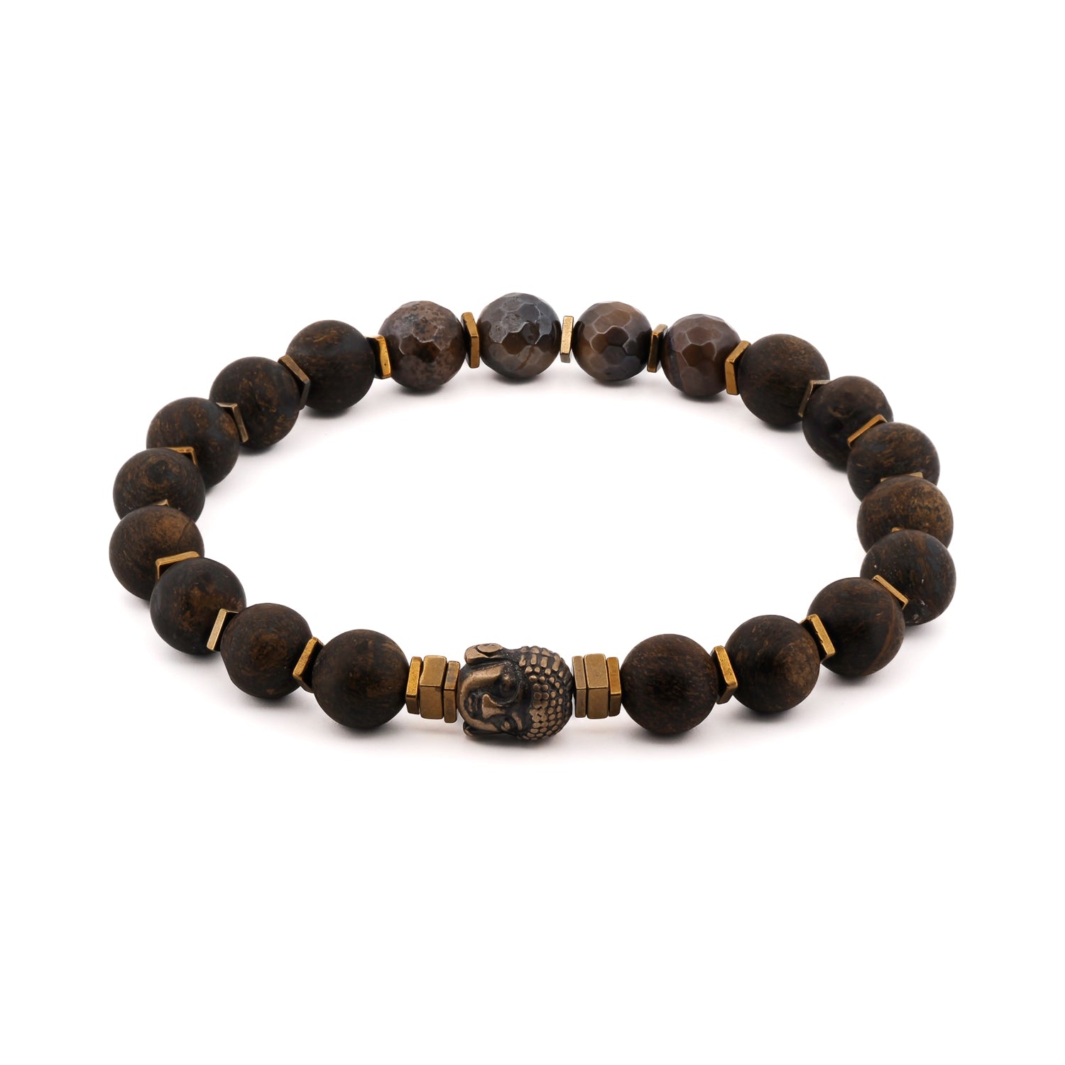 Nepal Spiritual Beaded Buddha Bracelet featuring 8mm brown Nepal spiritual stone beads and a bronze Buddha charm