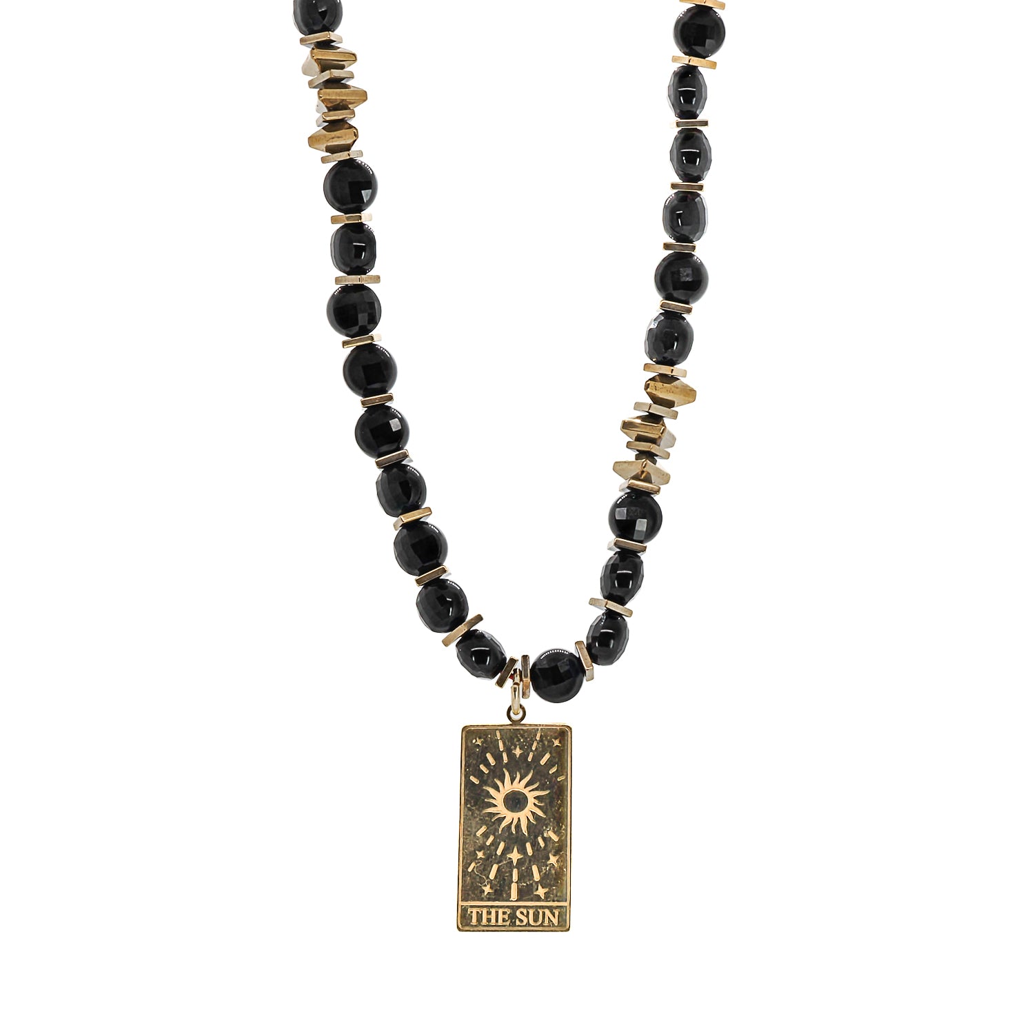 Empowerment in Style: New Beginning Gold Tarot Sun Black Onyx Beaded Necklace
