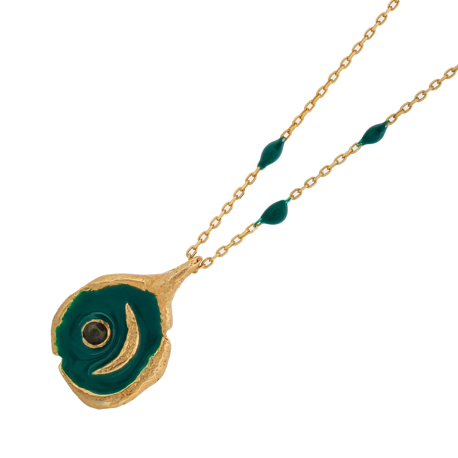 Gold Necklace with Green Enamel Moon and Tourmaline Stone