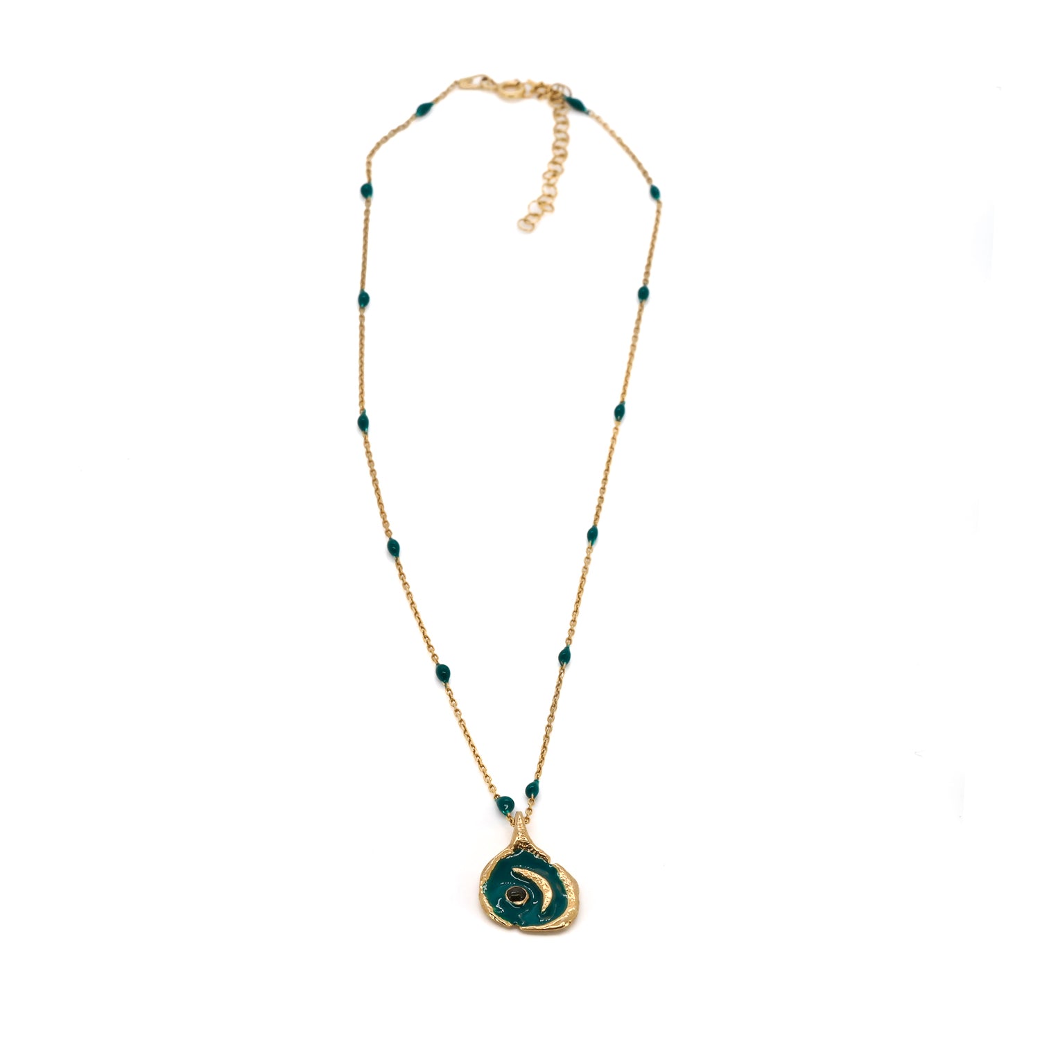 Green Enamel Moon Pendant Necklace with Tourmaline Stone