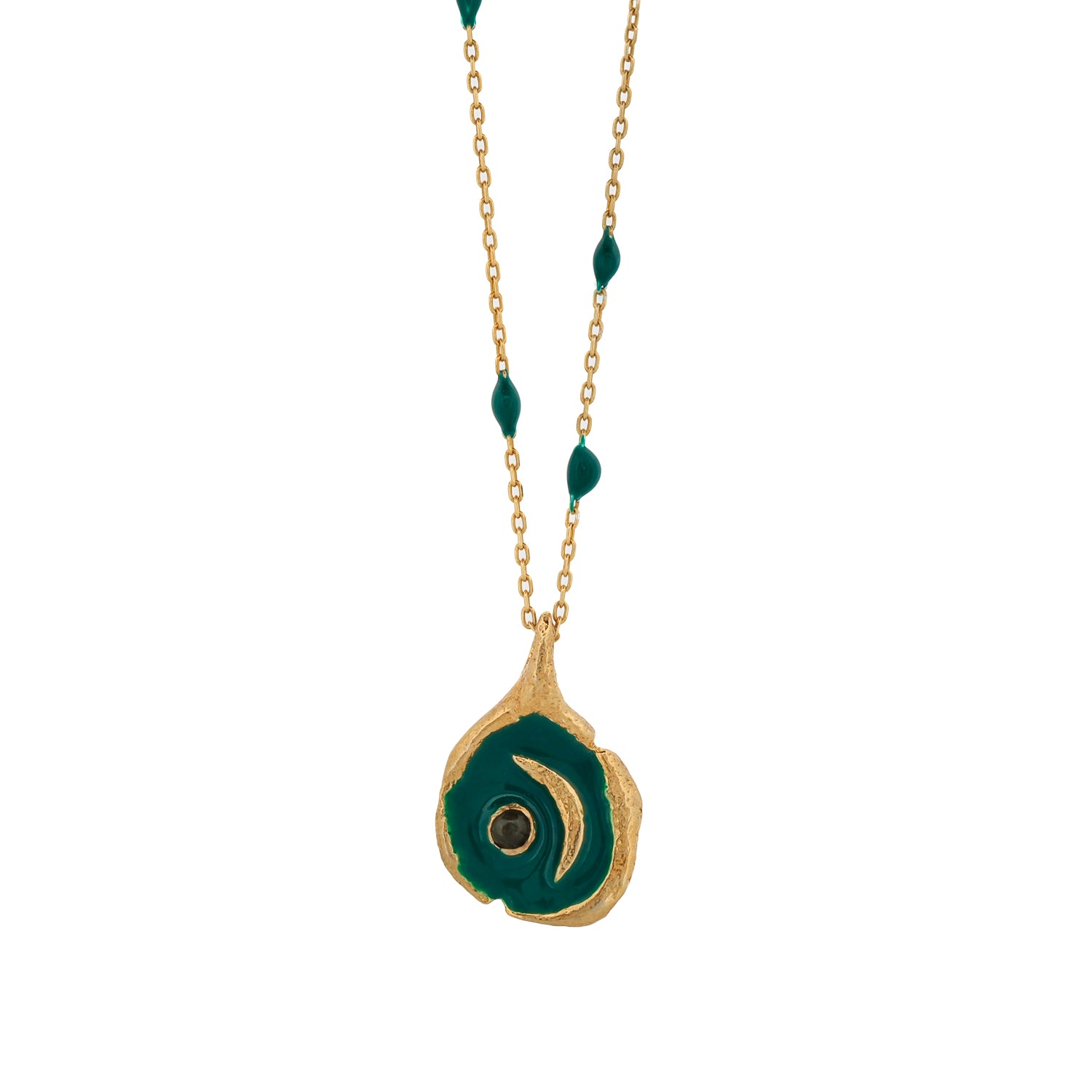 18K Gold Plated Necklace with Green Enamel Moon Pendant