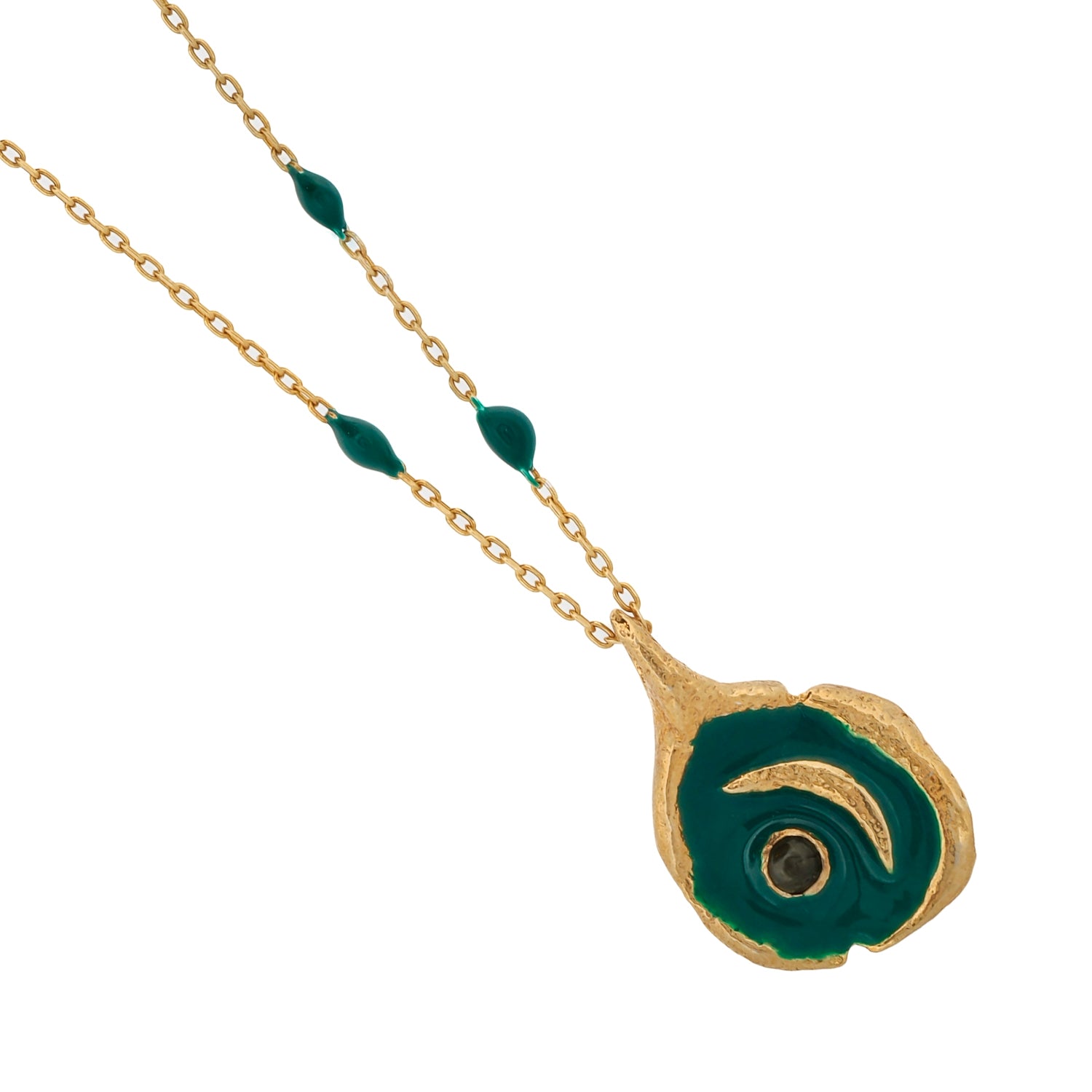 Green Enamel Moon and Tourmaline Stone Necklace on Gold Chain
