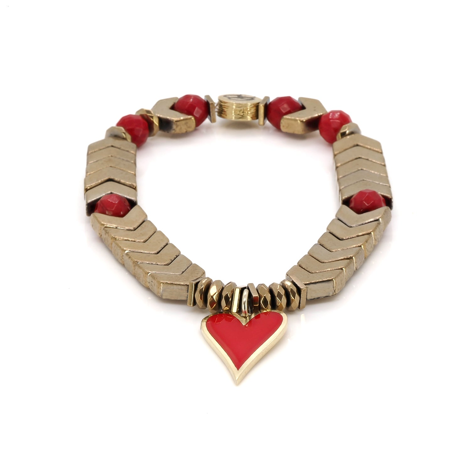 Valentines Red Heart &amp; Lucky Elephant Gold Hematite Bracelet Set