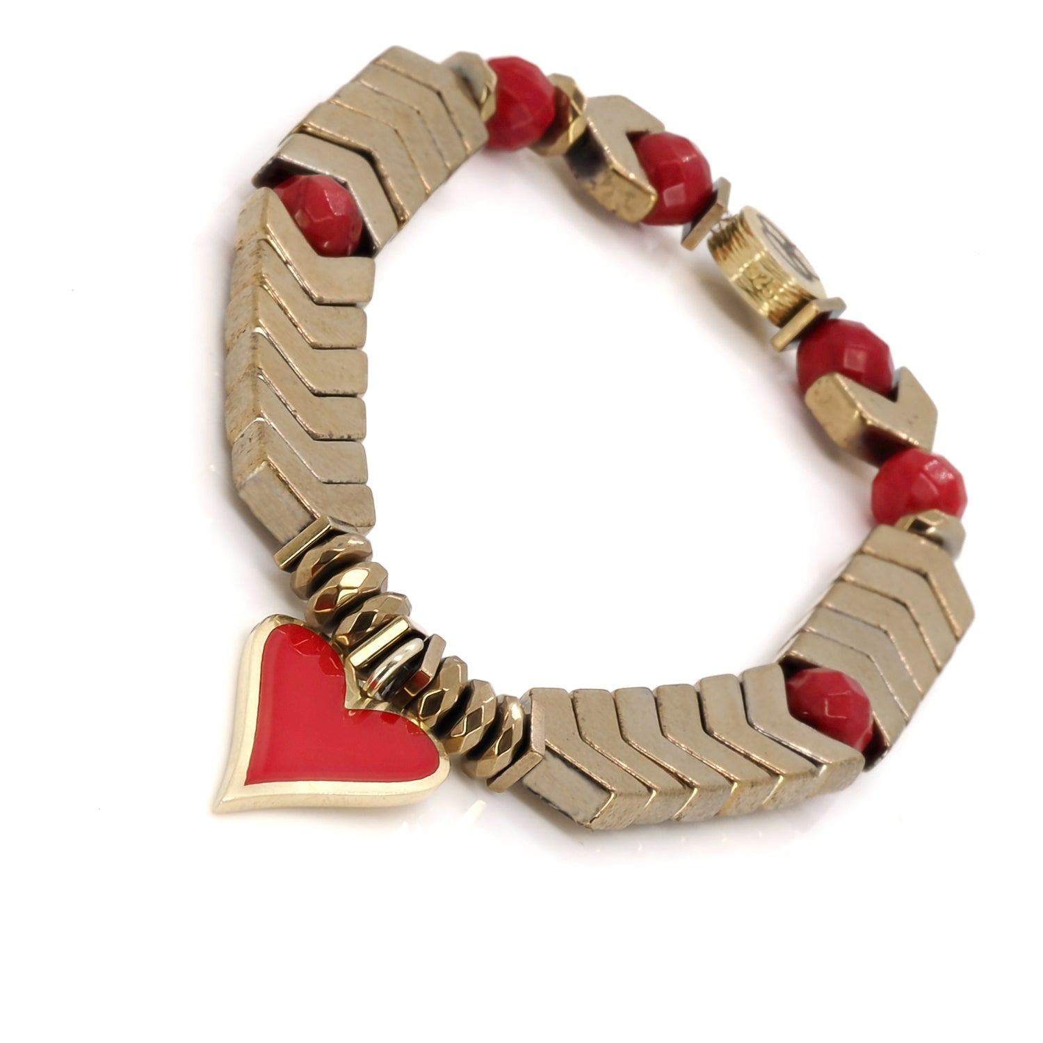 Valentines Red Heart &amp; Lucky Elephant Gold Hematite Bracelet Set