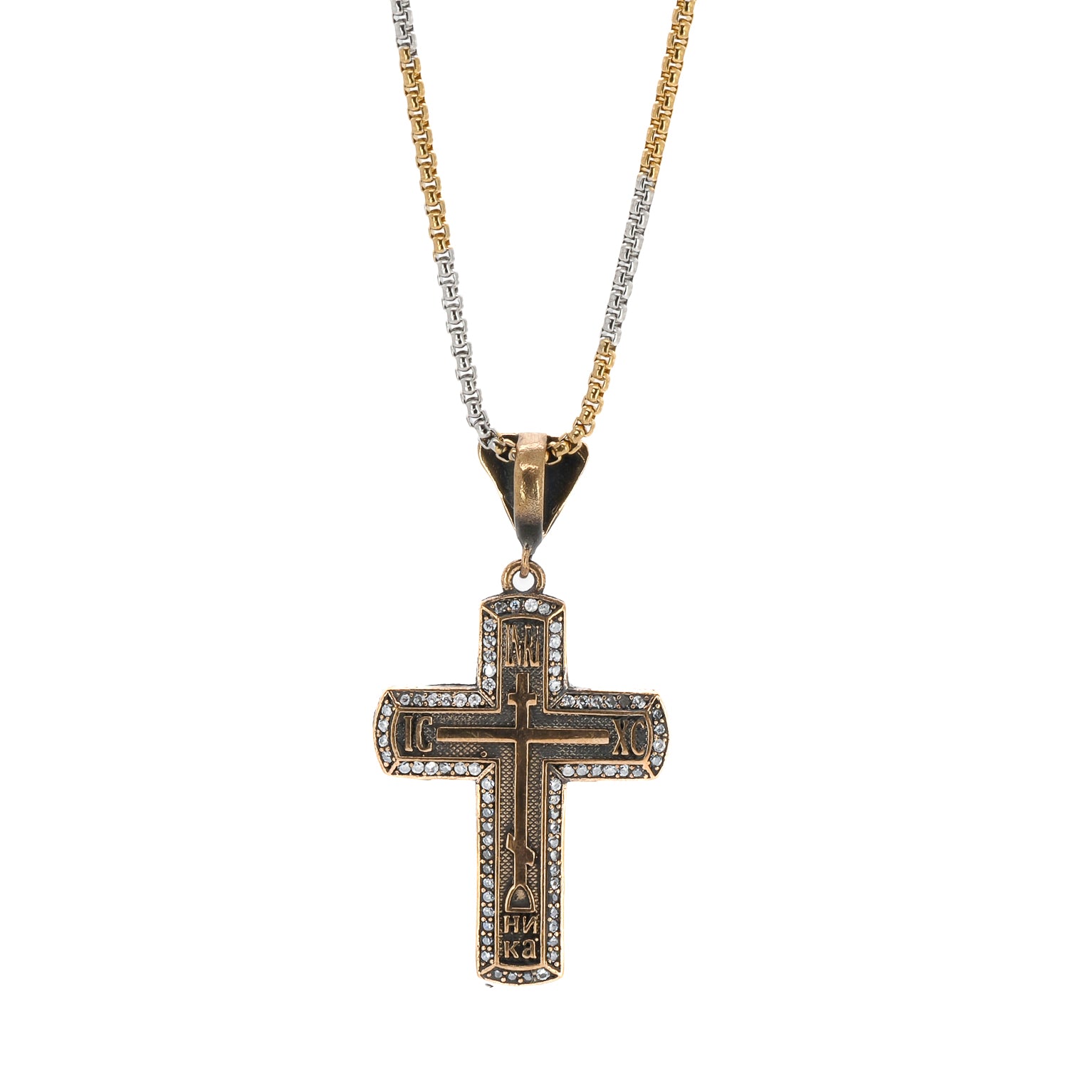 18K gold-plated sterling silver cross pendant with pave diamonds on a sterling silver chain