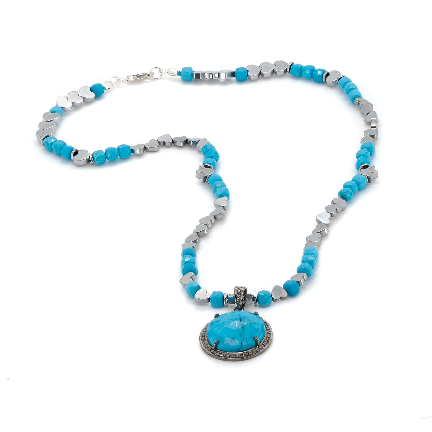 Handmade Pave Diamond Pendant Necklace with Turquoise Stone