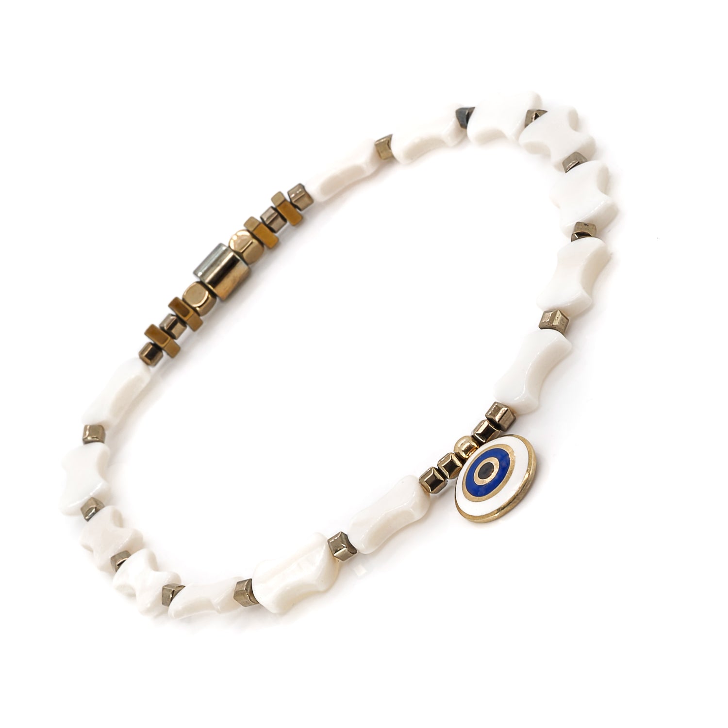 Minimalist pearl anklet with sterling silver evil eye charm in blue and white enamel.