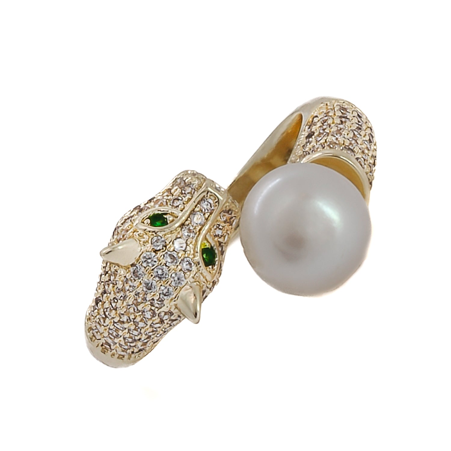 Pearl and Emerald Panther Ring - Captivating Gaze and Allure