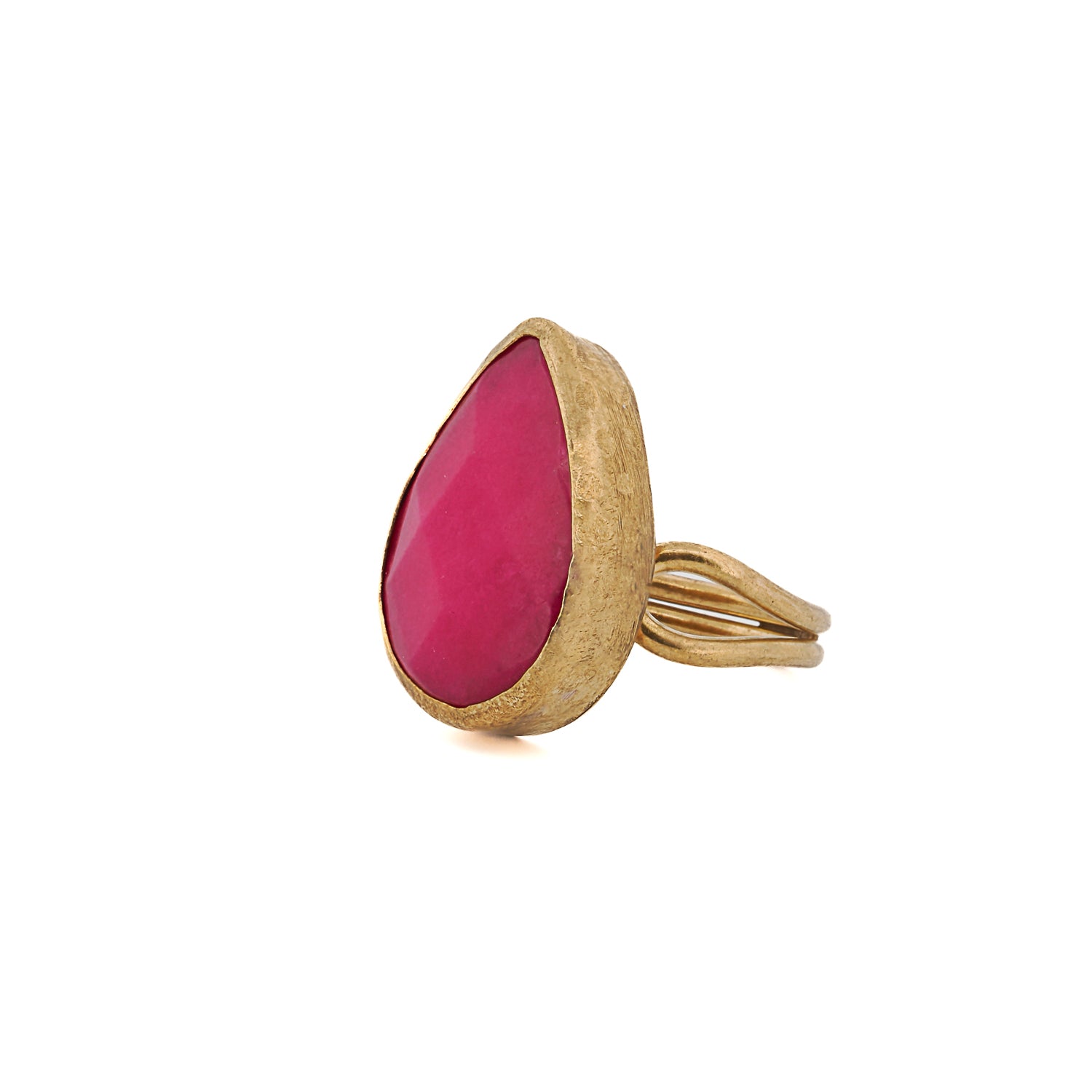 Handmade ring with pink agate gemstone in a gold pear setting