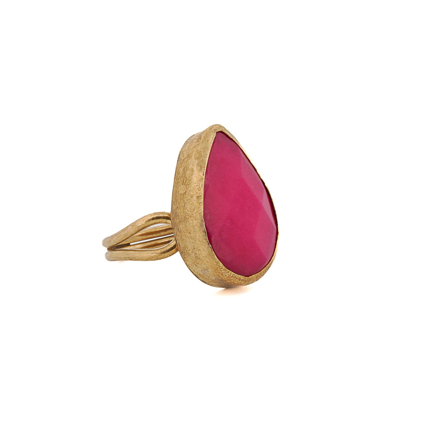 Handmade pink agate ring with gold pear setting, adjustable fit