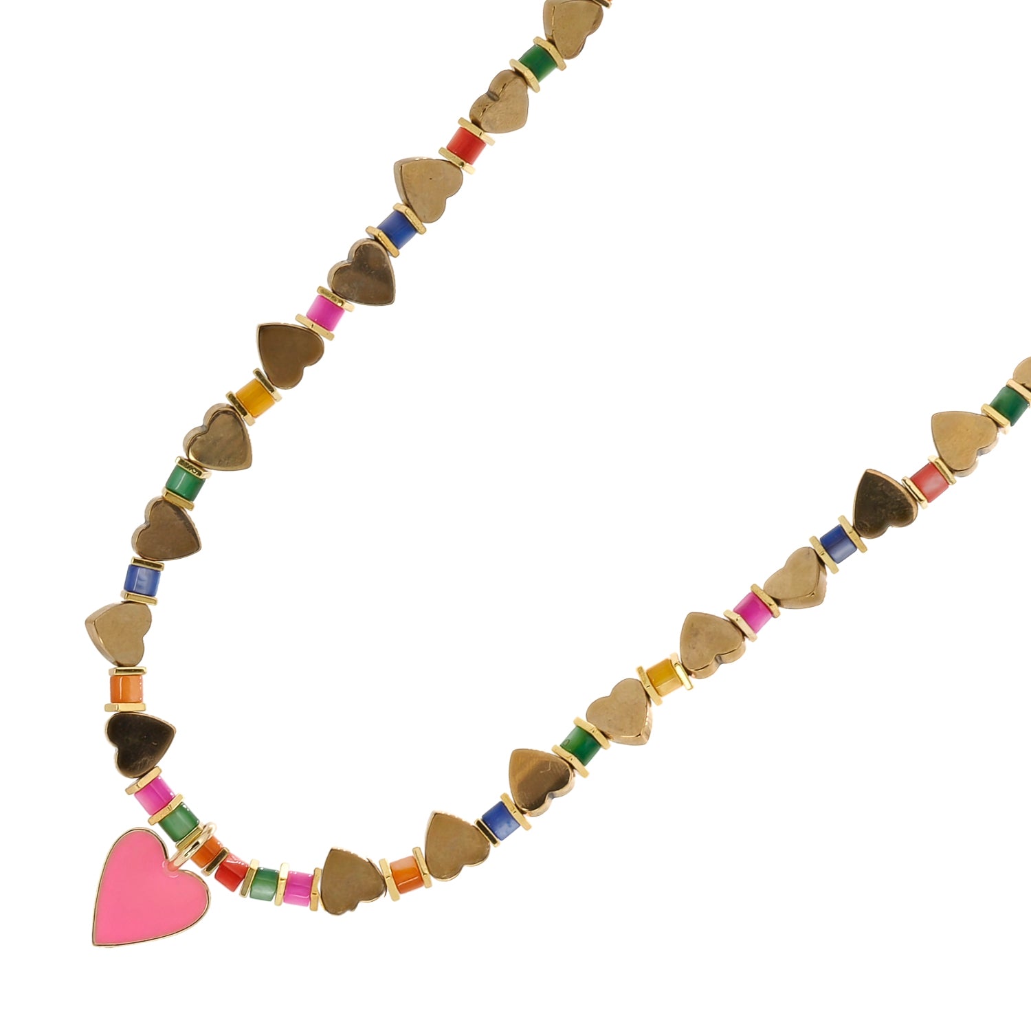 Heart Pendant Necklace with Gold Hematite and Colorful Beads