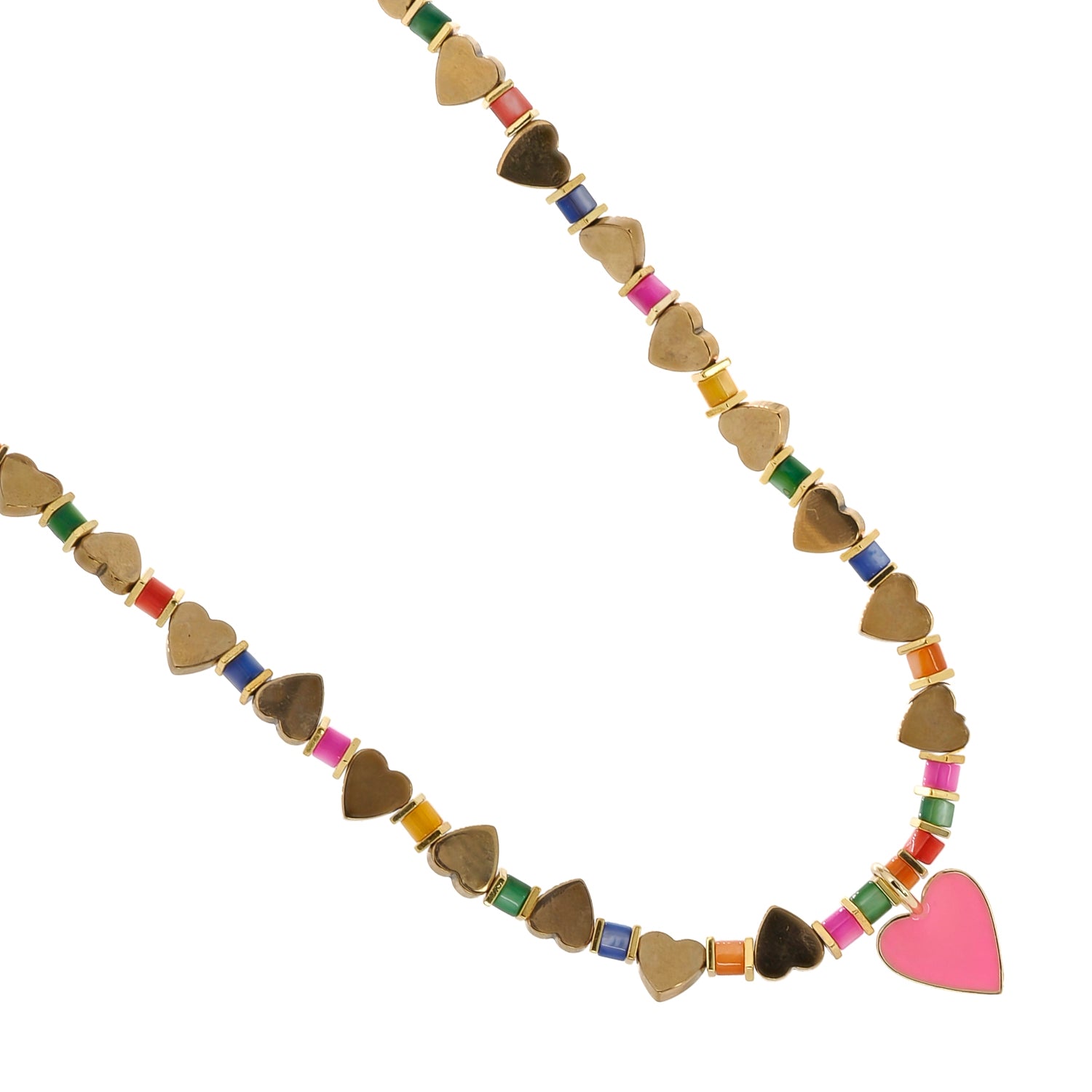 Pink Heart Pendant Necklace with Gold Hematite and Pearl Stones