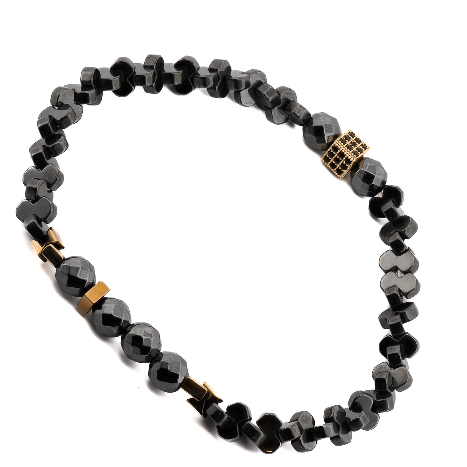 natural hematite bracelet with gold-plated bead and black crystal detail