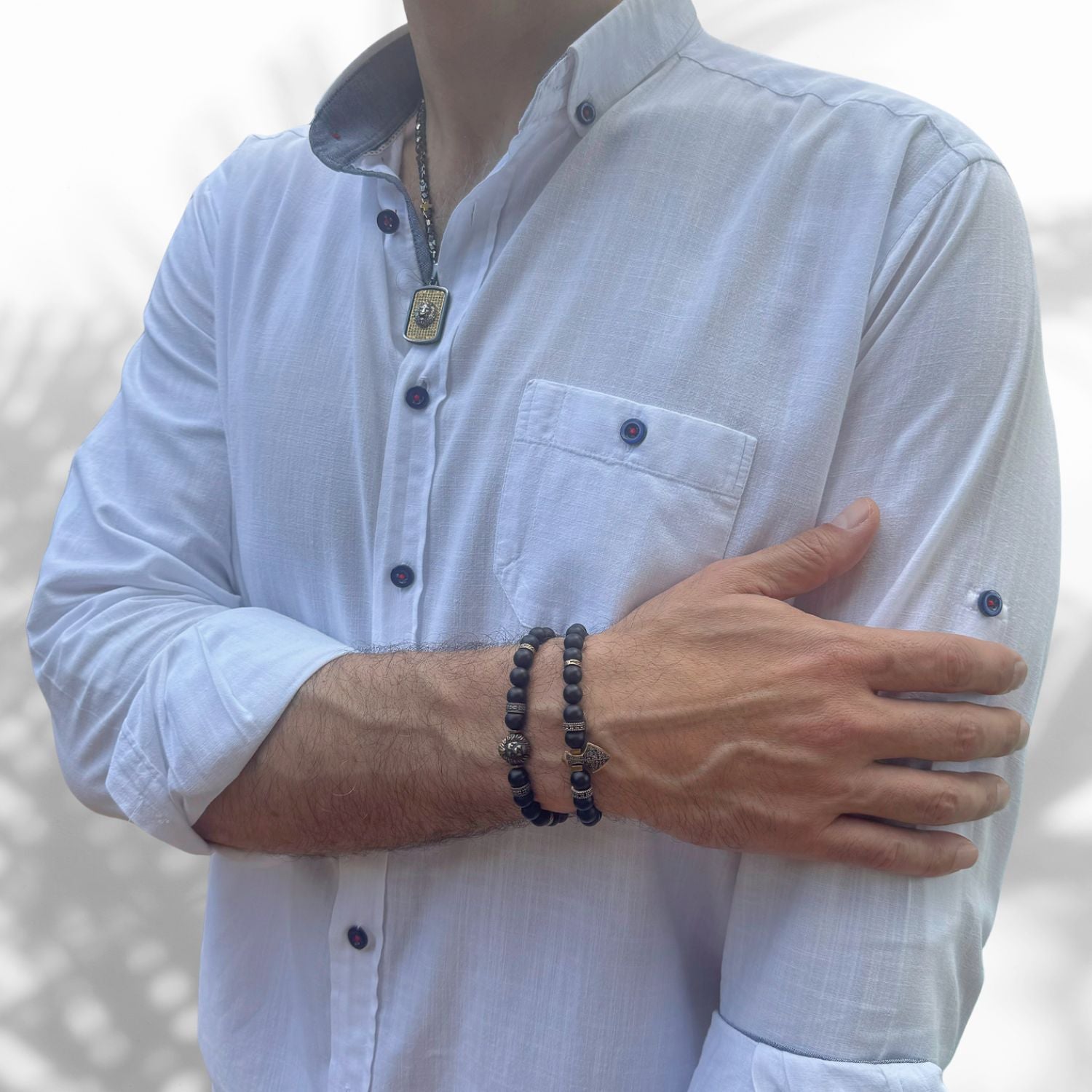 Elegant Black Onyx Stone Bracelet Set for Men with 8mm beads and symbolic bronze lion and diamond arrow charms