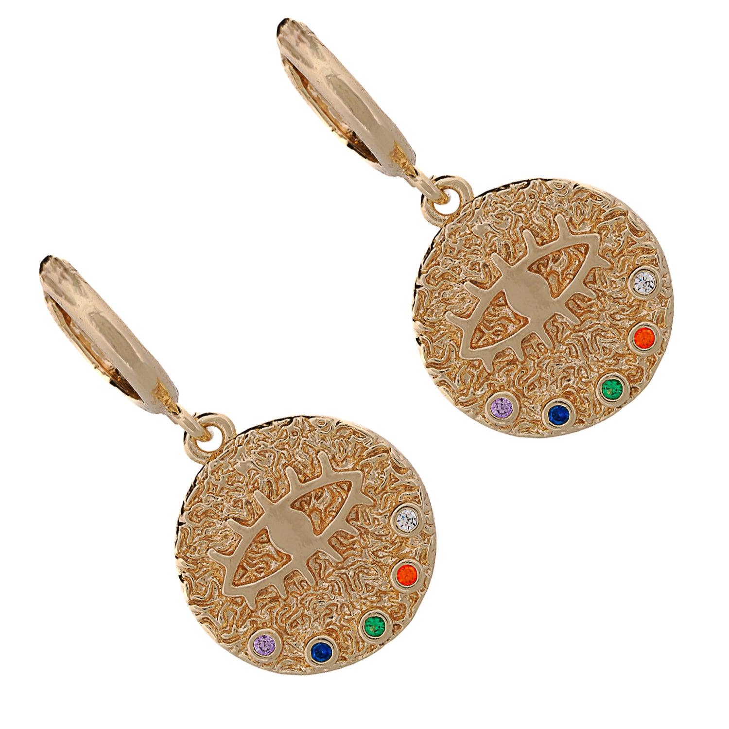 Evil Eye Gold Earrings with Multicolor Gemstones, a talismanic shield against negative energies and envy.