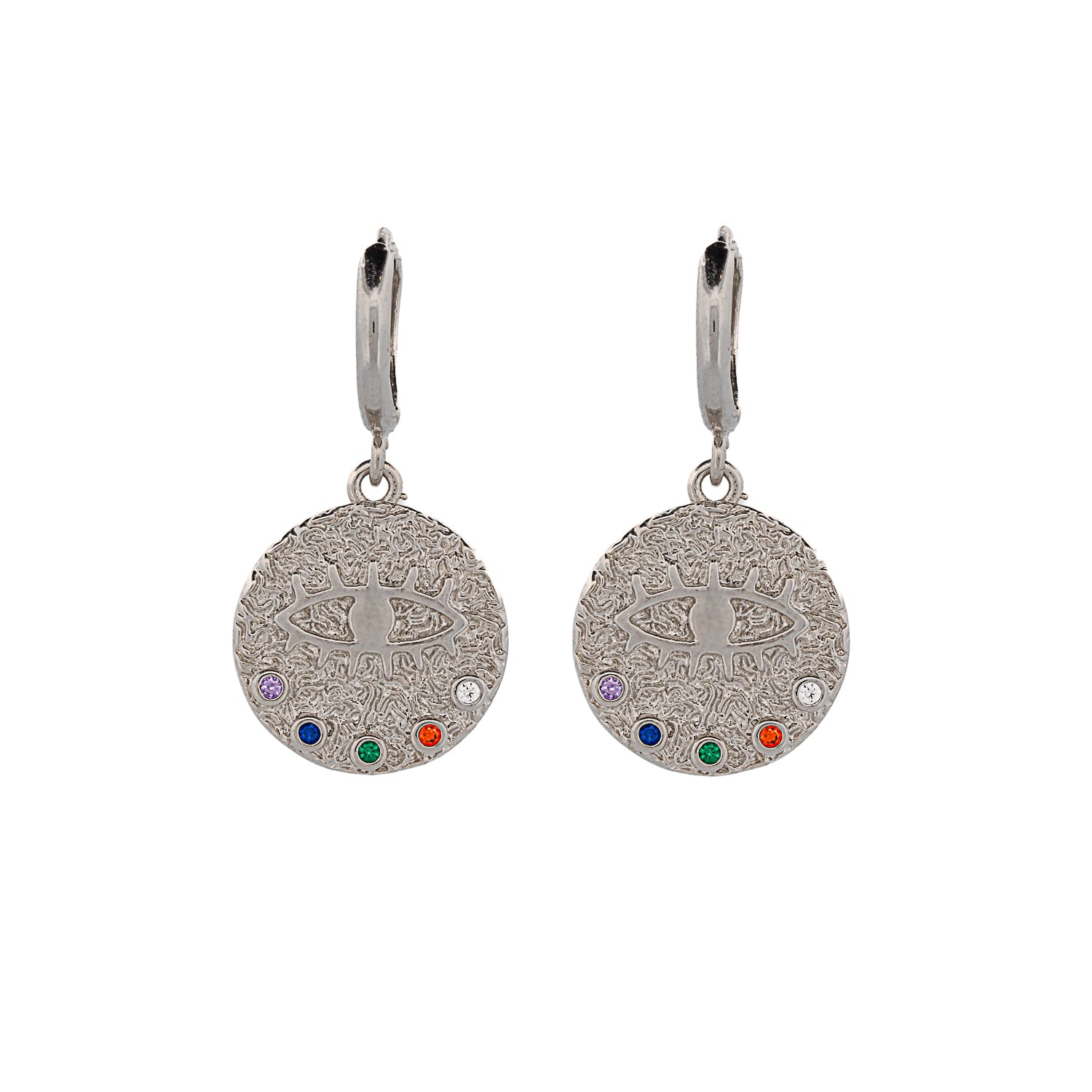 18K gold-plated earrings with multicolor gemstones featuring an Evil Eye motif