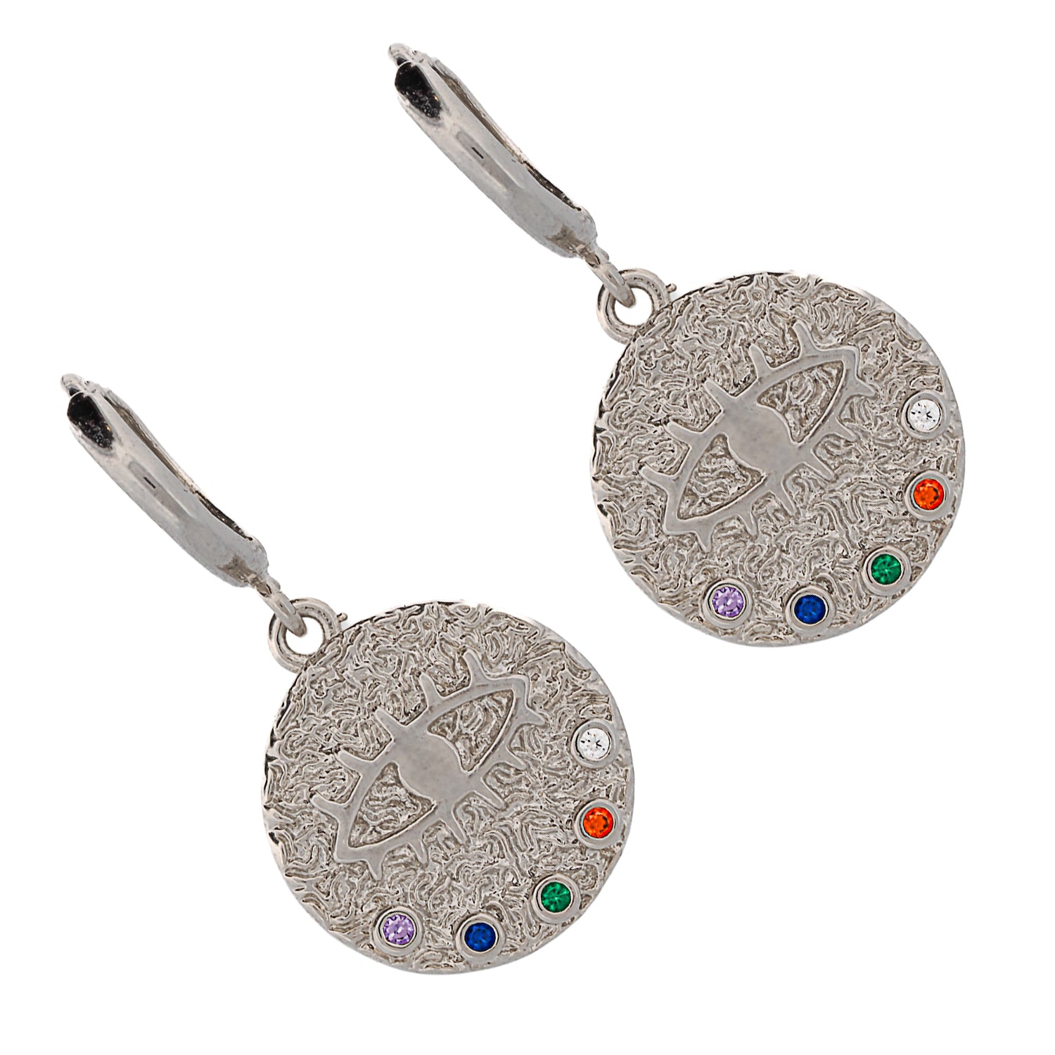 Protective Evil Eye earrings featuring a mix of multicolor gemstones, plated in 18K gold