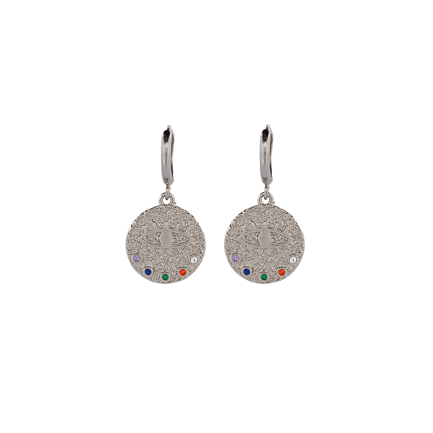 Silver earrings with a multicolor Evil Eye motif and 18K gold plating