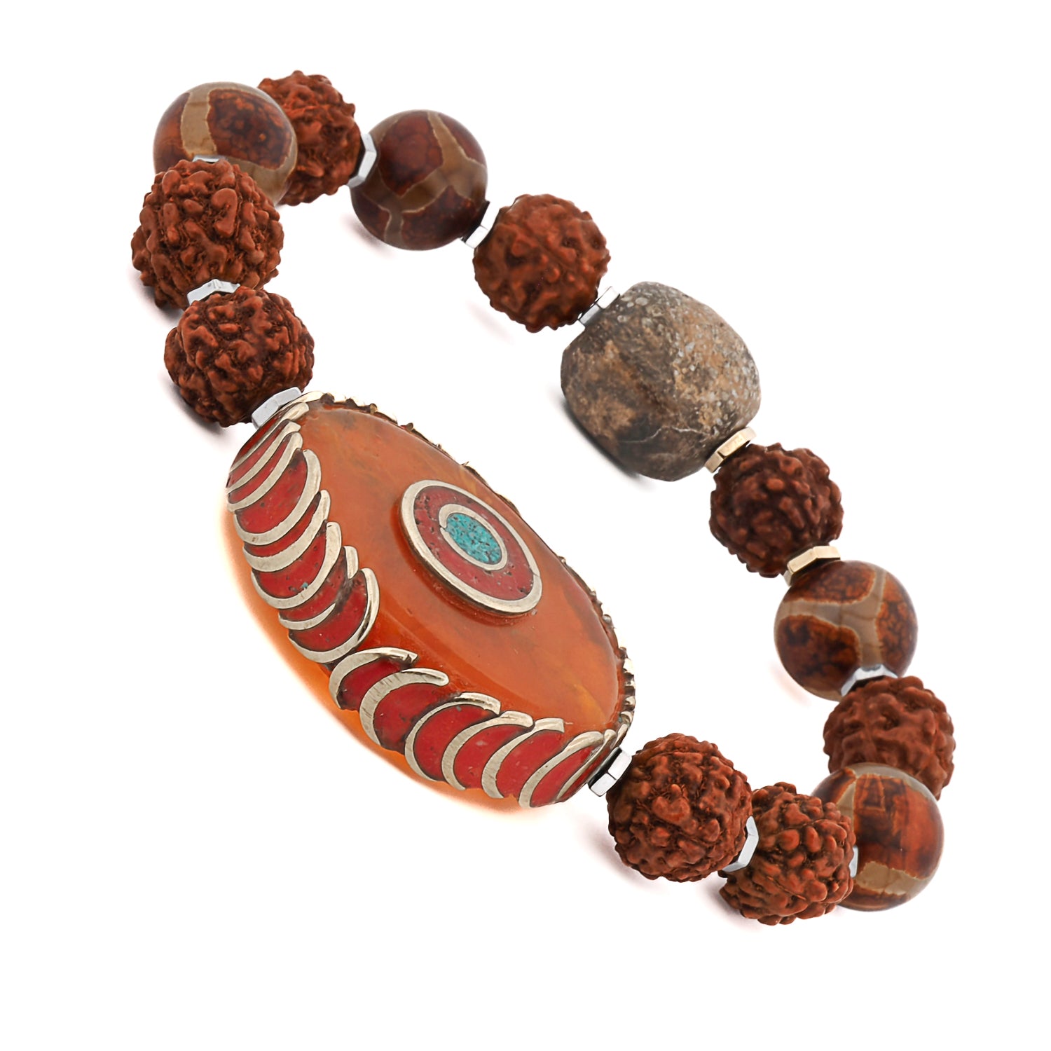 handmade rudraksha meditation bracelet with silver spacers and eye bead