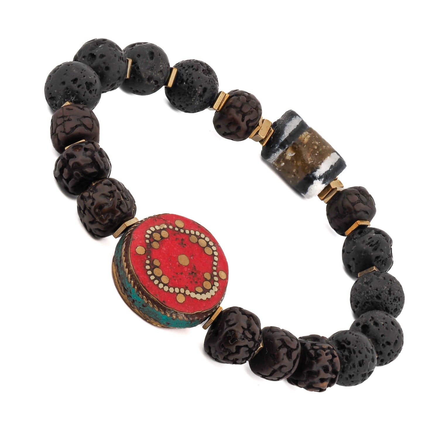 handmade meditation bracelet with red coral Nepal bead and African bead