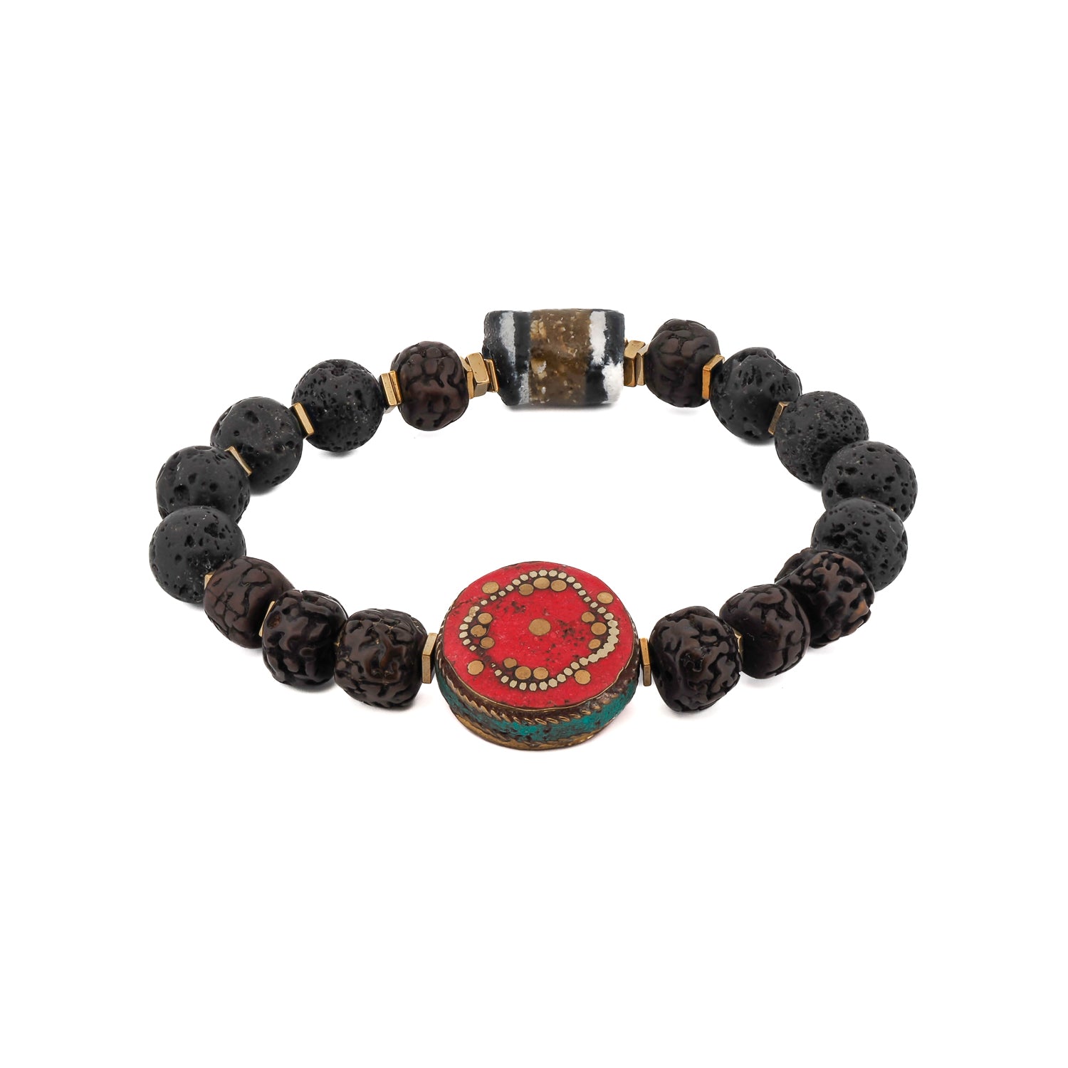 prayer seed beads meditation bracelet with lava rock and red coral Nepal bead