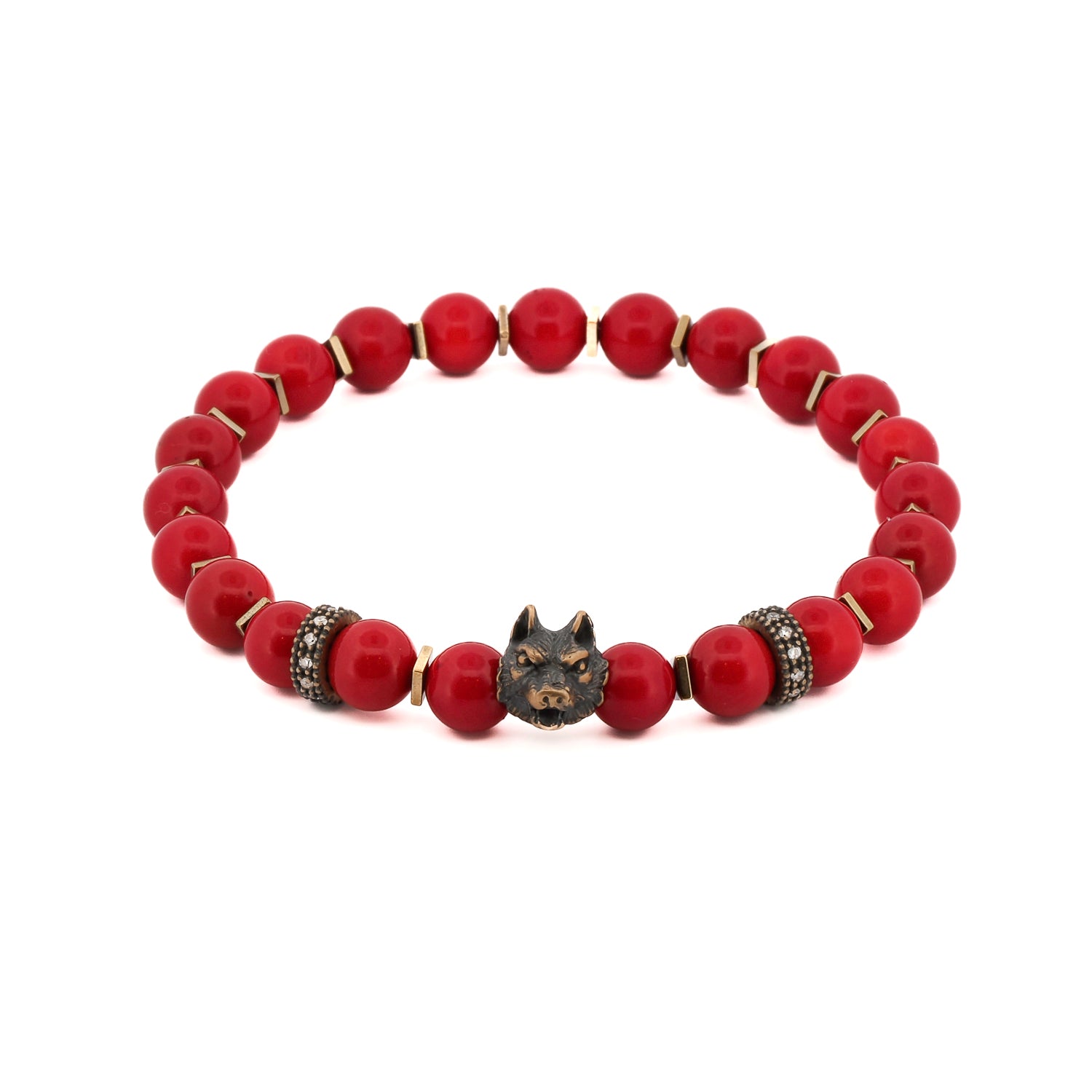 Red Coral stone bracelet with bronze wolf bead and gold hematite spacers