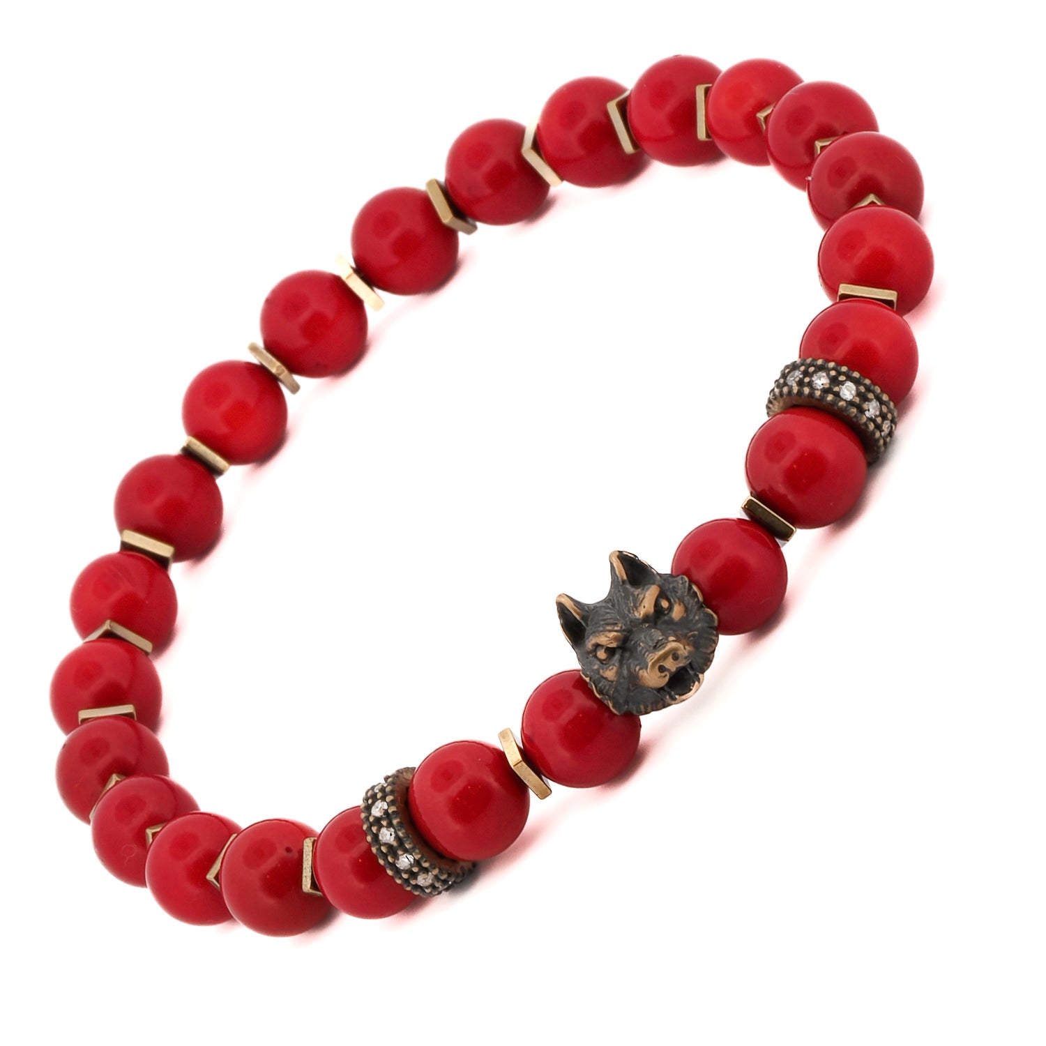 Men's red coral bracelet with bronze wolf bead and gold-colored hematite accents