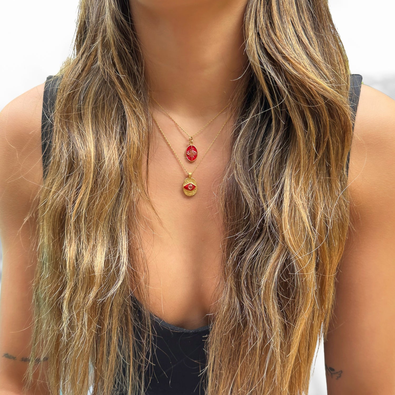 Minimalist Gold Necklace with Red Enamel Evil Eye Symbol