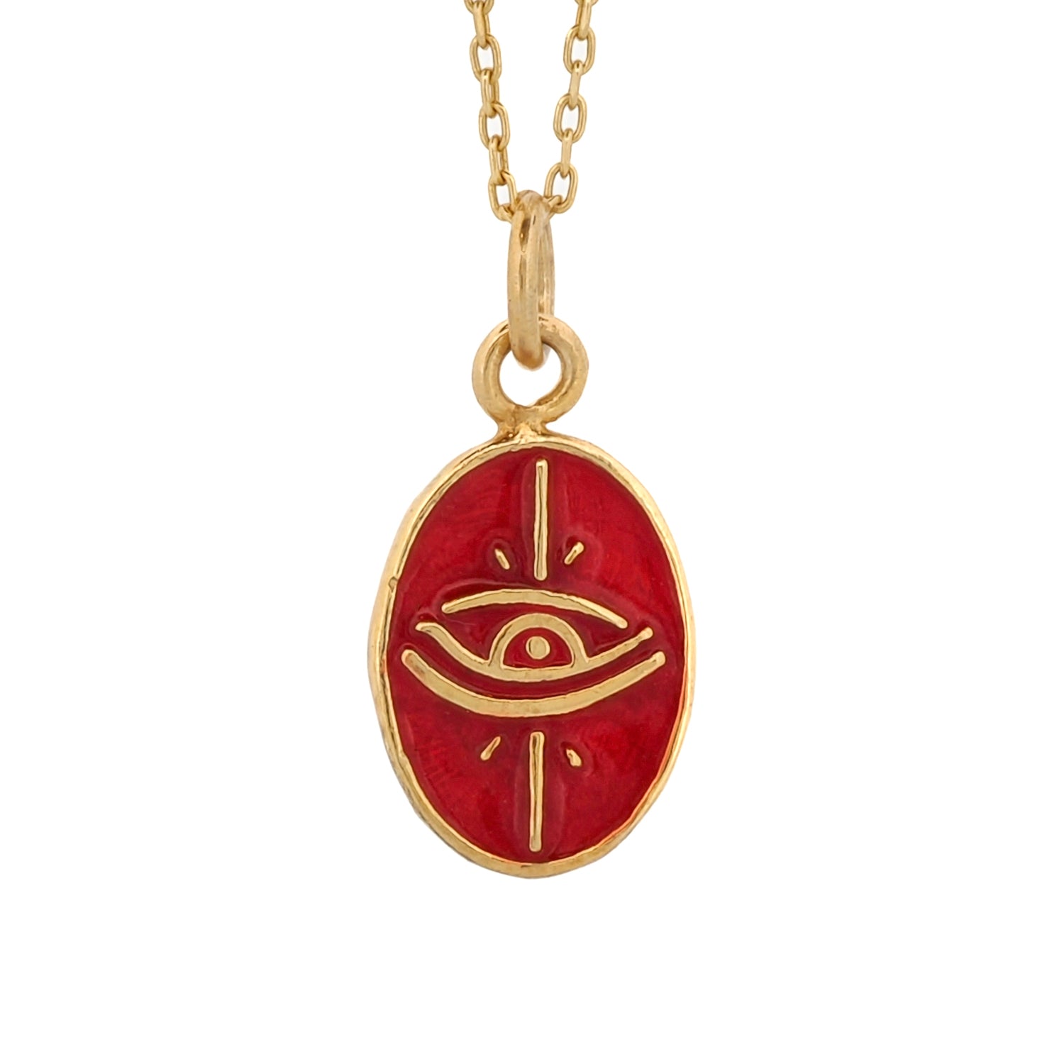 Gold Pendant Necklace with Red Enamel Evil Eye