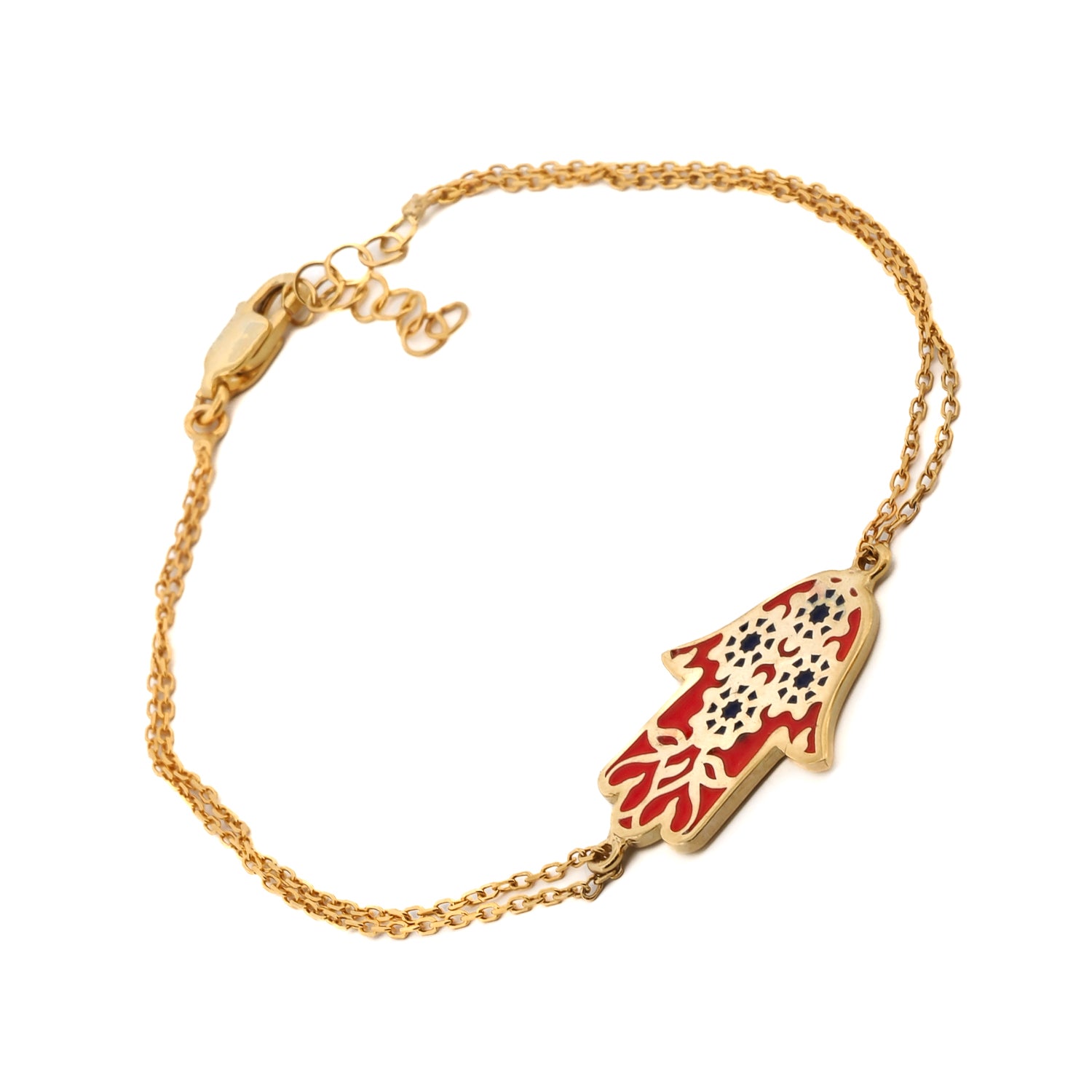 Adjustable Gold Chain Bracelet with Red Enamel Hamsa Hand Pendant.
