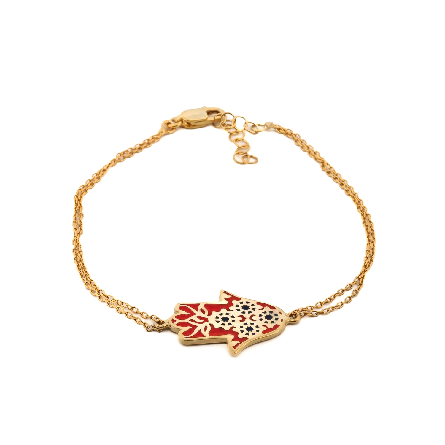 Red Enamel Floral Hamsa Hand Gold Vermeil Chain Bracelet with adjustable double chain design.