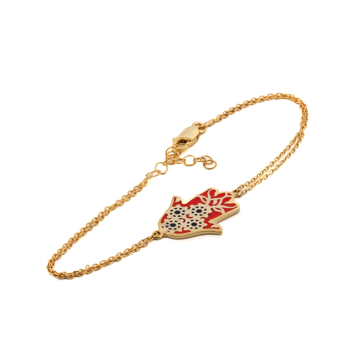 Sterling Silver Bracelet plated in 18K gold featuring Red Enamel Hamsa Hand.