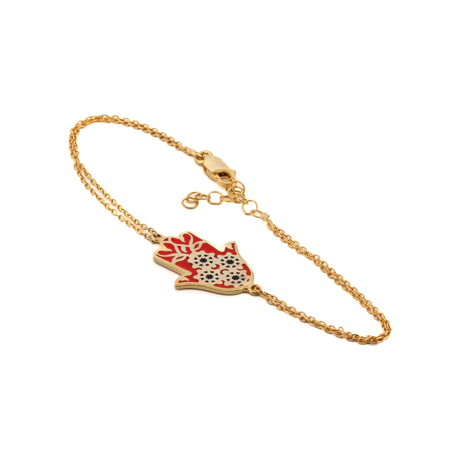Hamsa Hand Jewelry with vivid red enamel and blue floral design.