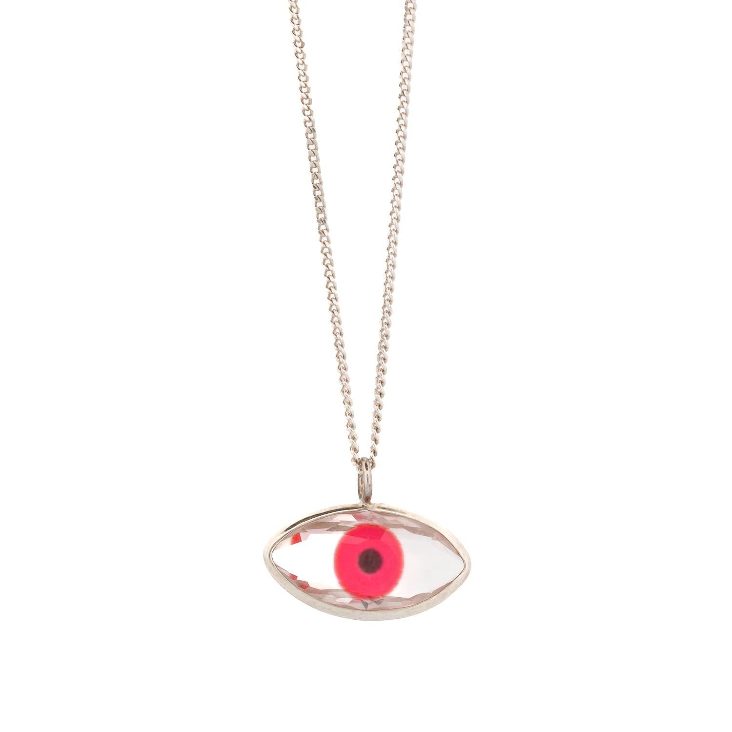 Adjustable Sterling Silver Necklace with Red Evil Eye Design.