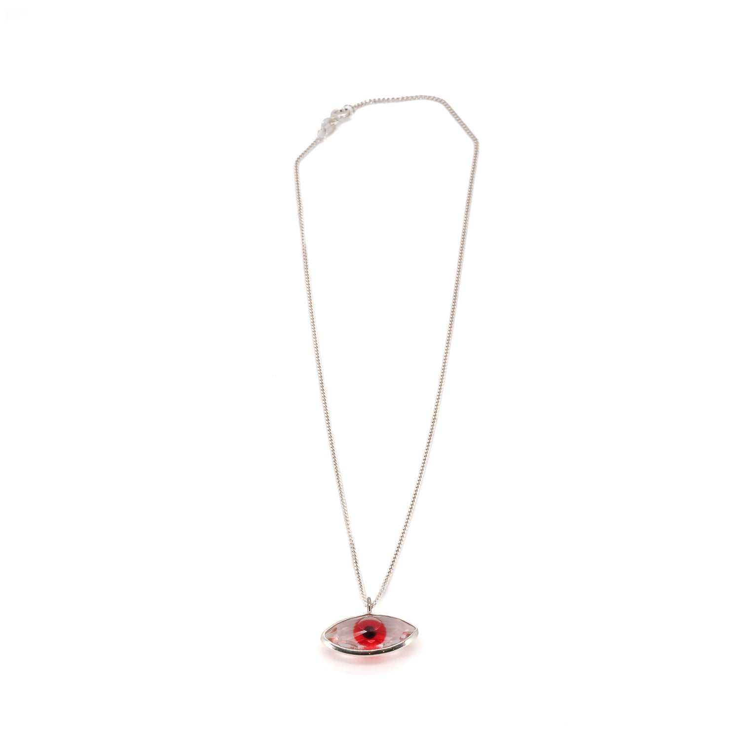 Minimalist Necklace with Red Glass and Sterling Silver Evil Eye.