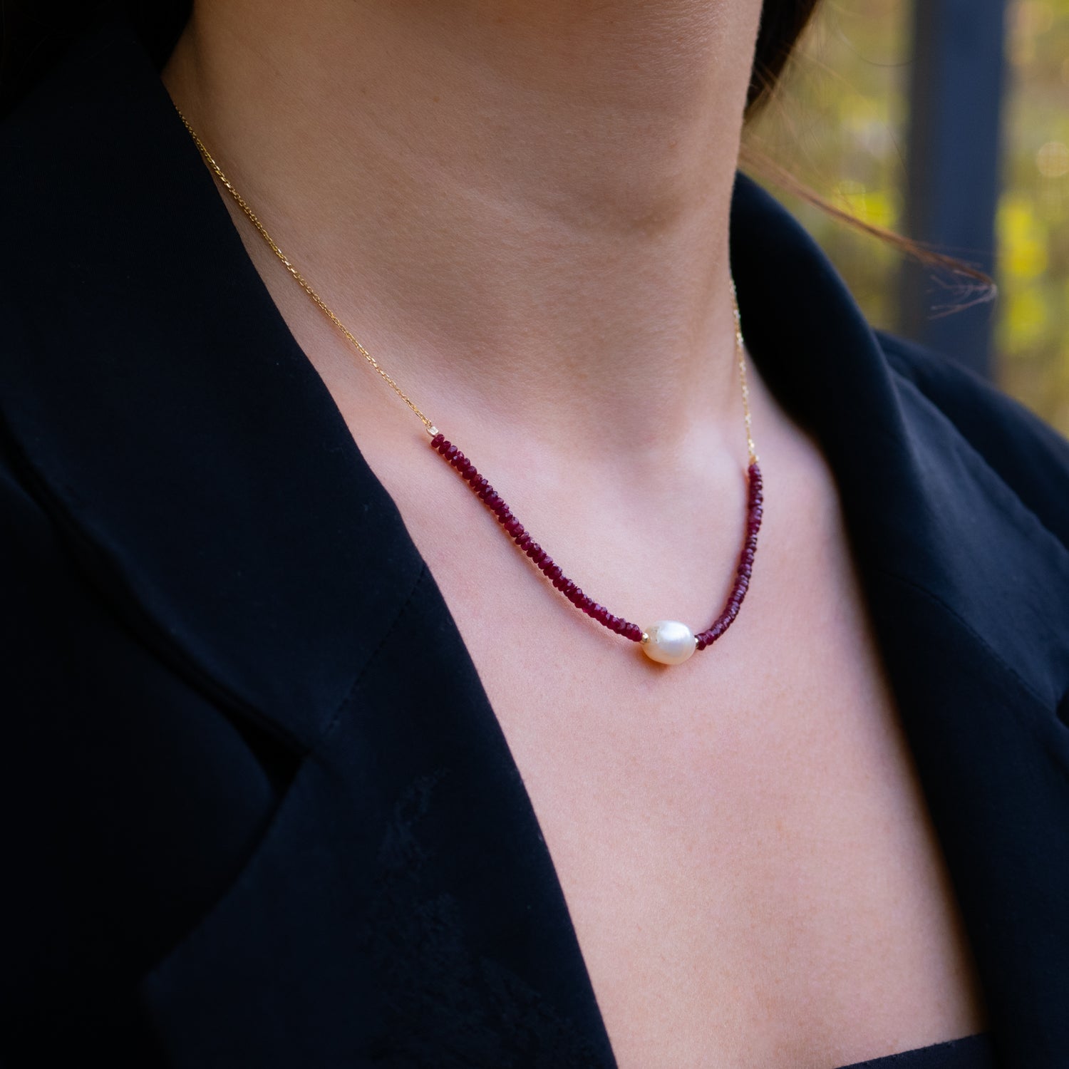 14K Gold Choker Necklace with Ruby and Pearl Gemstones for a Luxurious, Meaningful Design