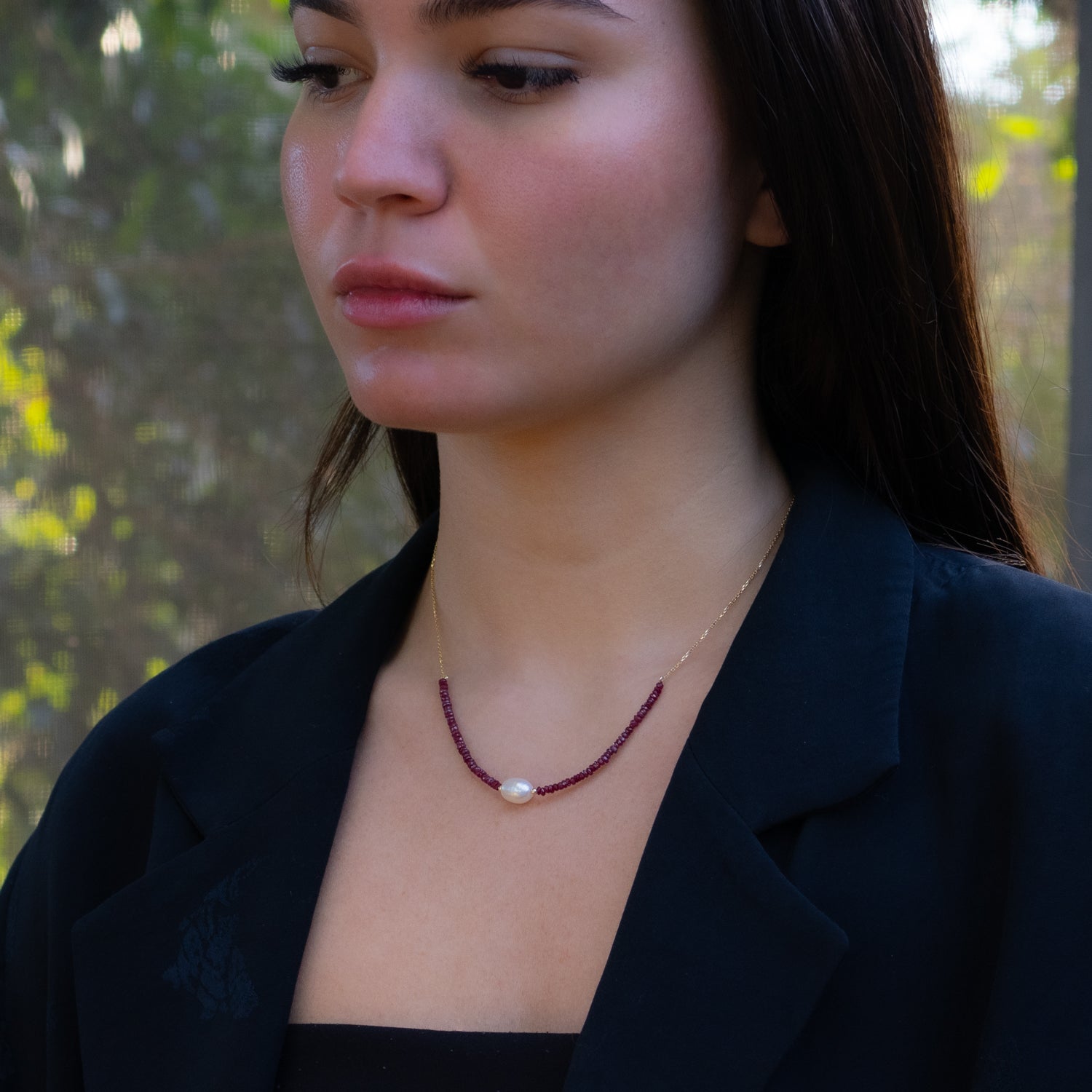 Ruby Gemstone Choker Necklace with Pearl and 14K Gold Chain for Elegant, Meaningful Style
