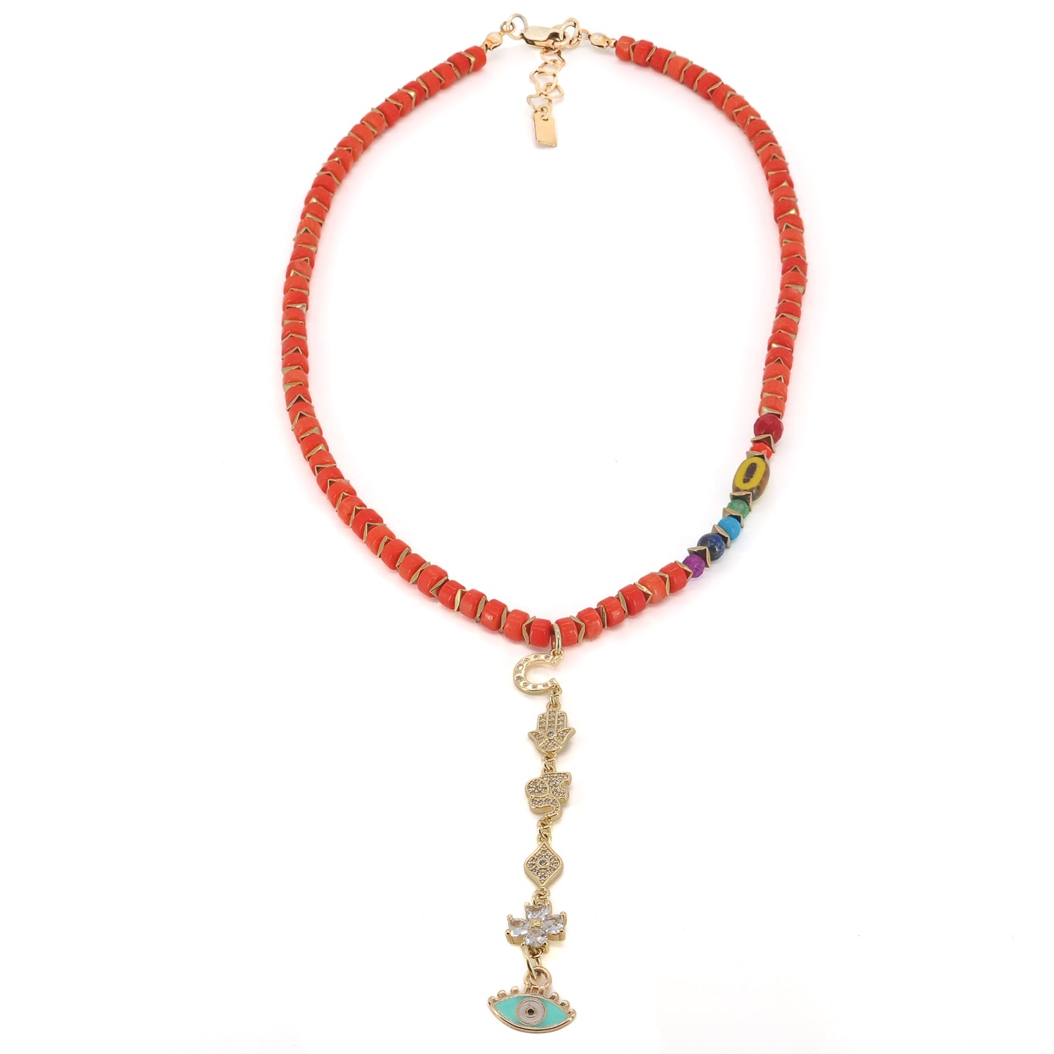 Sacred Harmony Coral & Evil Eye Necklace